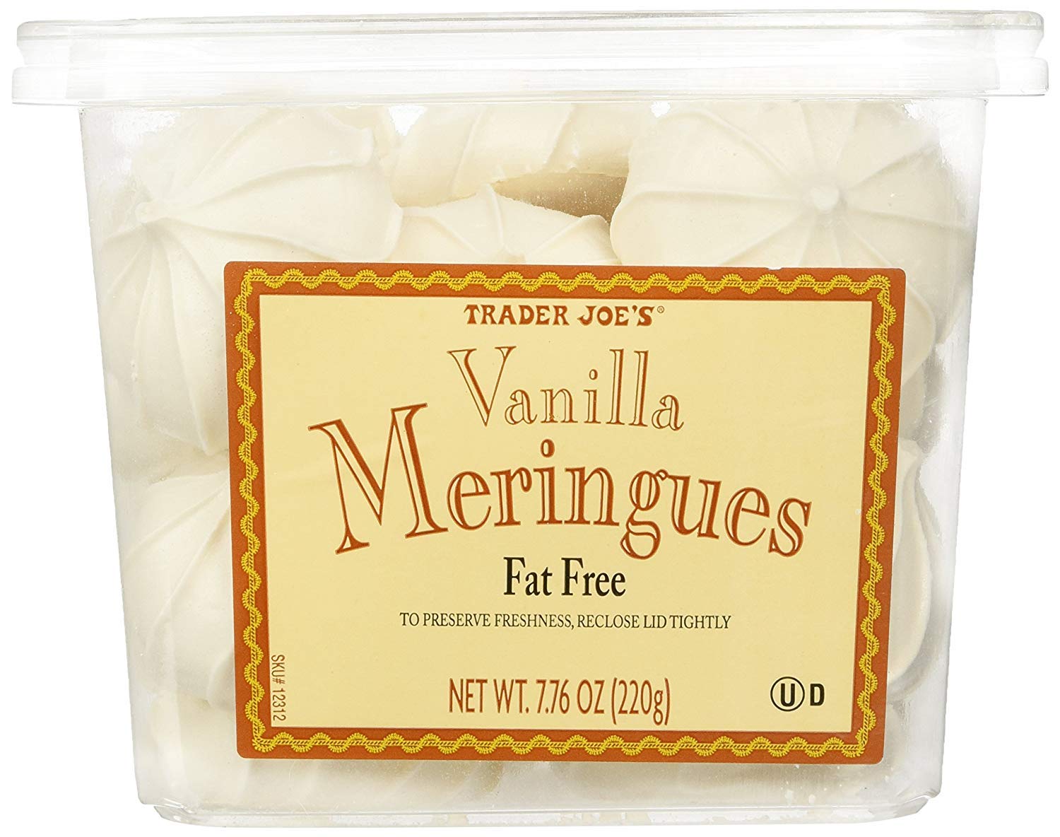 Trader Joe's merengues vainilla paquete frontal mostrando galletas crujientes y atractivo empaque