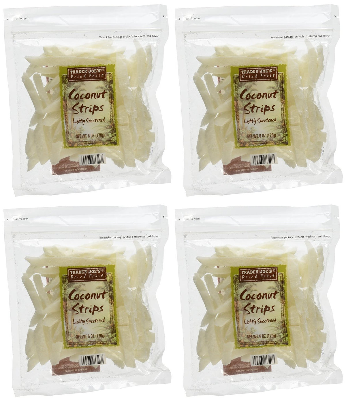 Trader Joe's frente del empaque mostrando el pack de 4 y beneficio portable