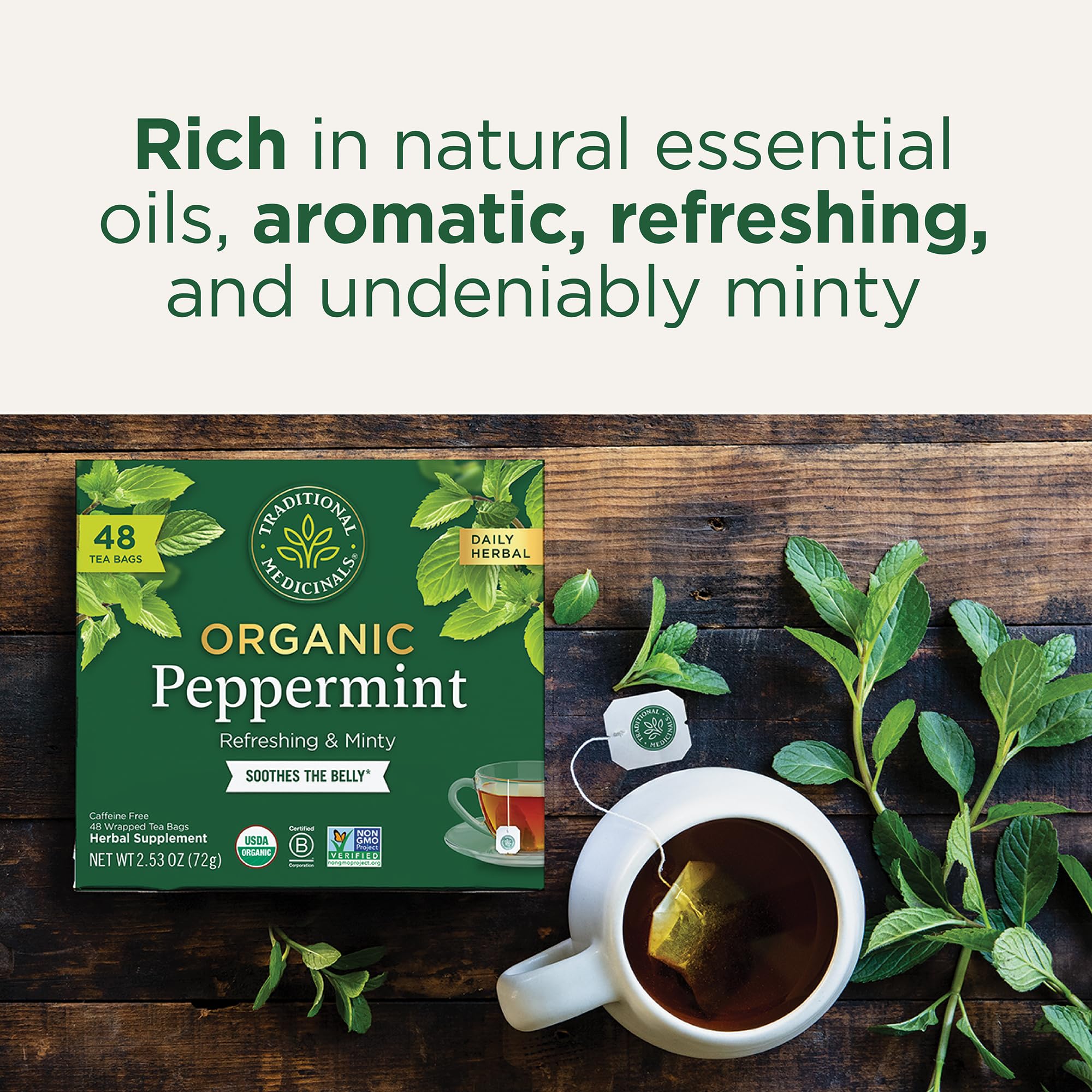 Traditional Medicinals etiqueta con sellos USDA Organic y Non-GMO para confianza