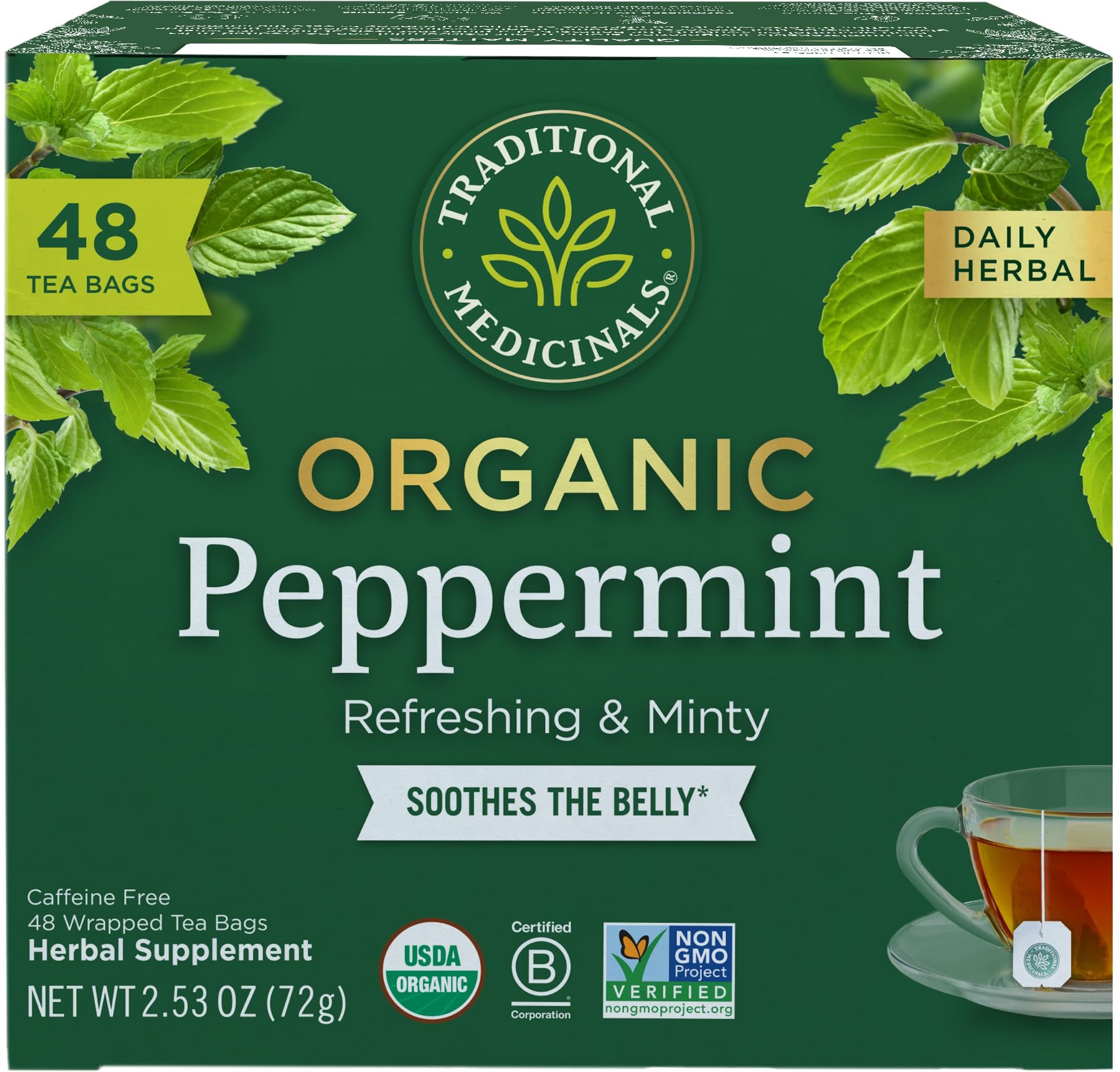 Traditional Medicinals frente del empaque mostrando 48 bolsitas y beneficios sostenibles