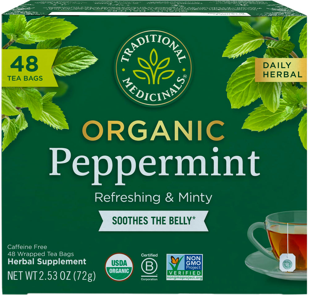 Traditional Medicinals frente del empaque mostrando 48 bolsitas y beneficios sostenibles