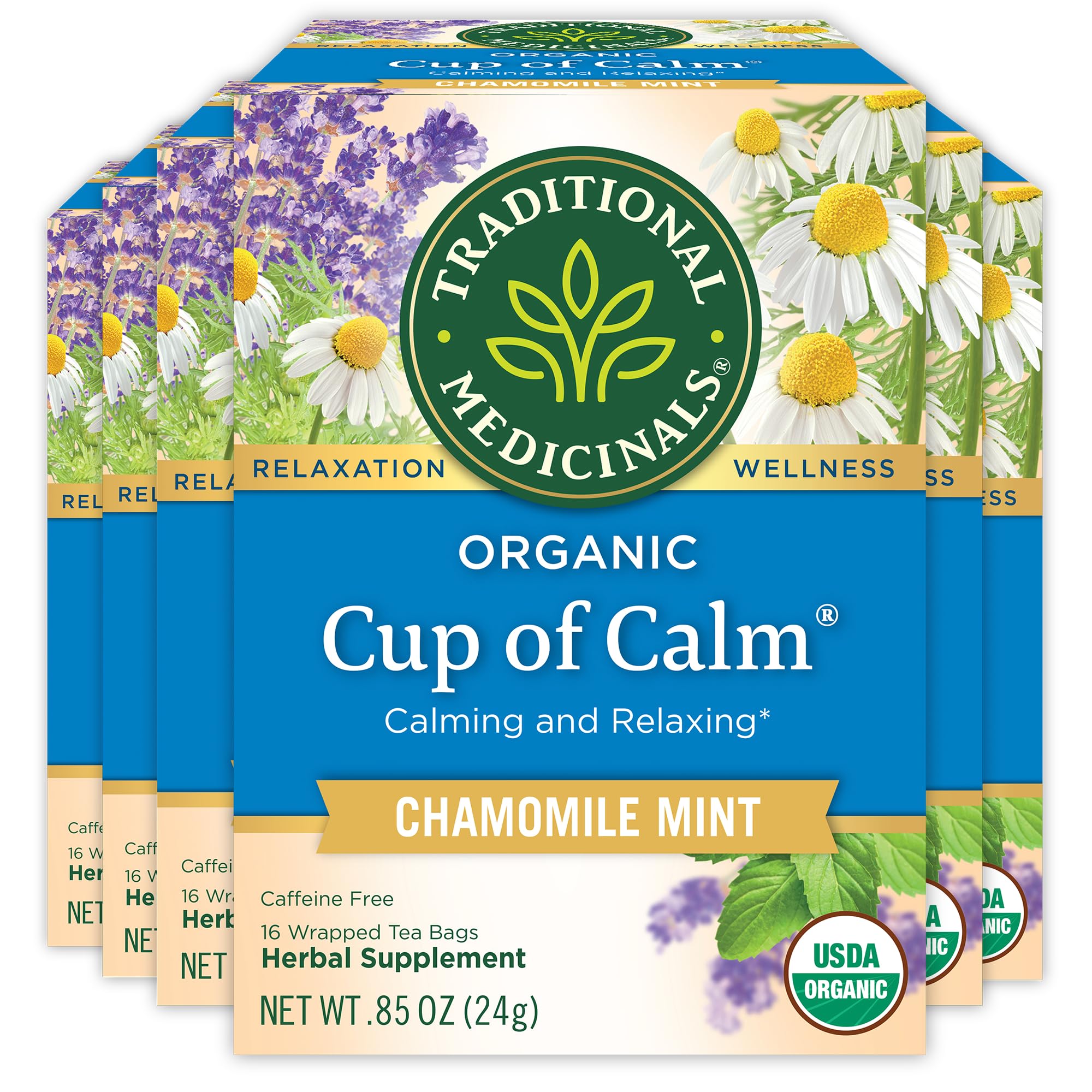 Traditional Medicinals frente del empaque mostrando 96 bolsitas y beneficios orgánicos