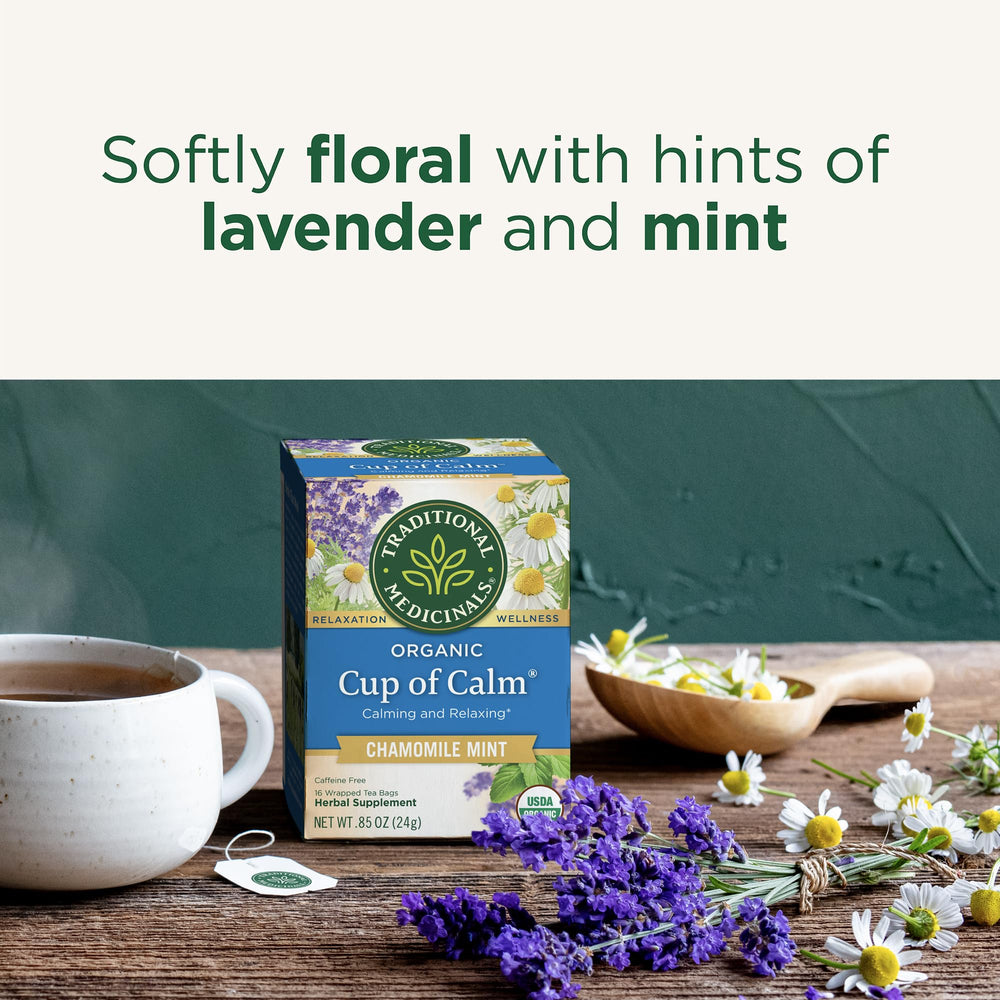 Traditional Medicinals taza en mano con vapor, transmitiendo relax y sabor suave