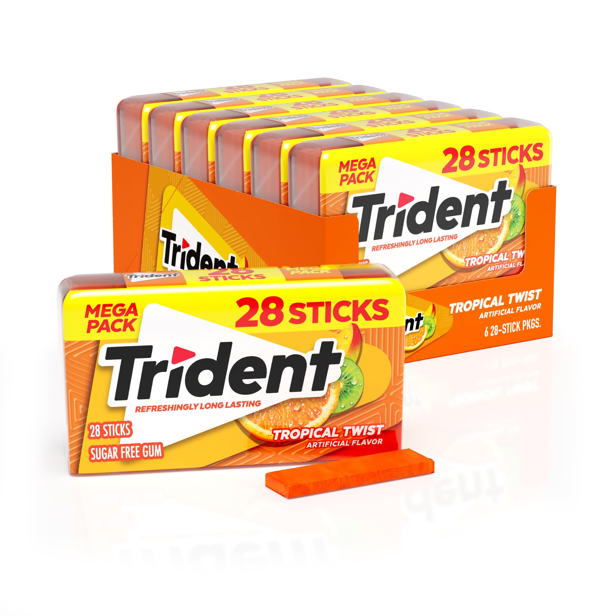 Trident frontal del paquete mostrando diseño tropical y conveniencia