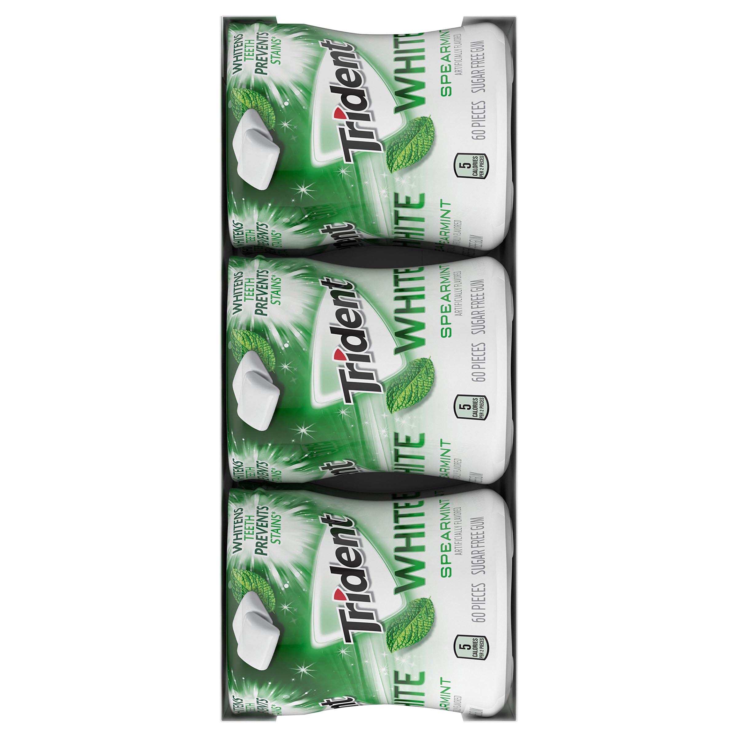 Trident White botella abierta con chicles visibles para fácil acceso