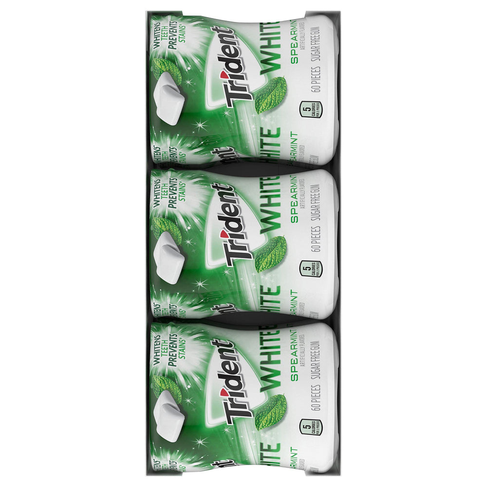 Trident White botella abierta con chicles visibles para fácil acceso