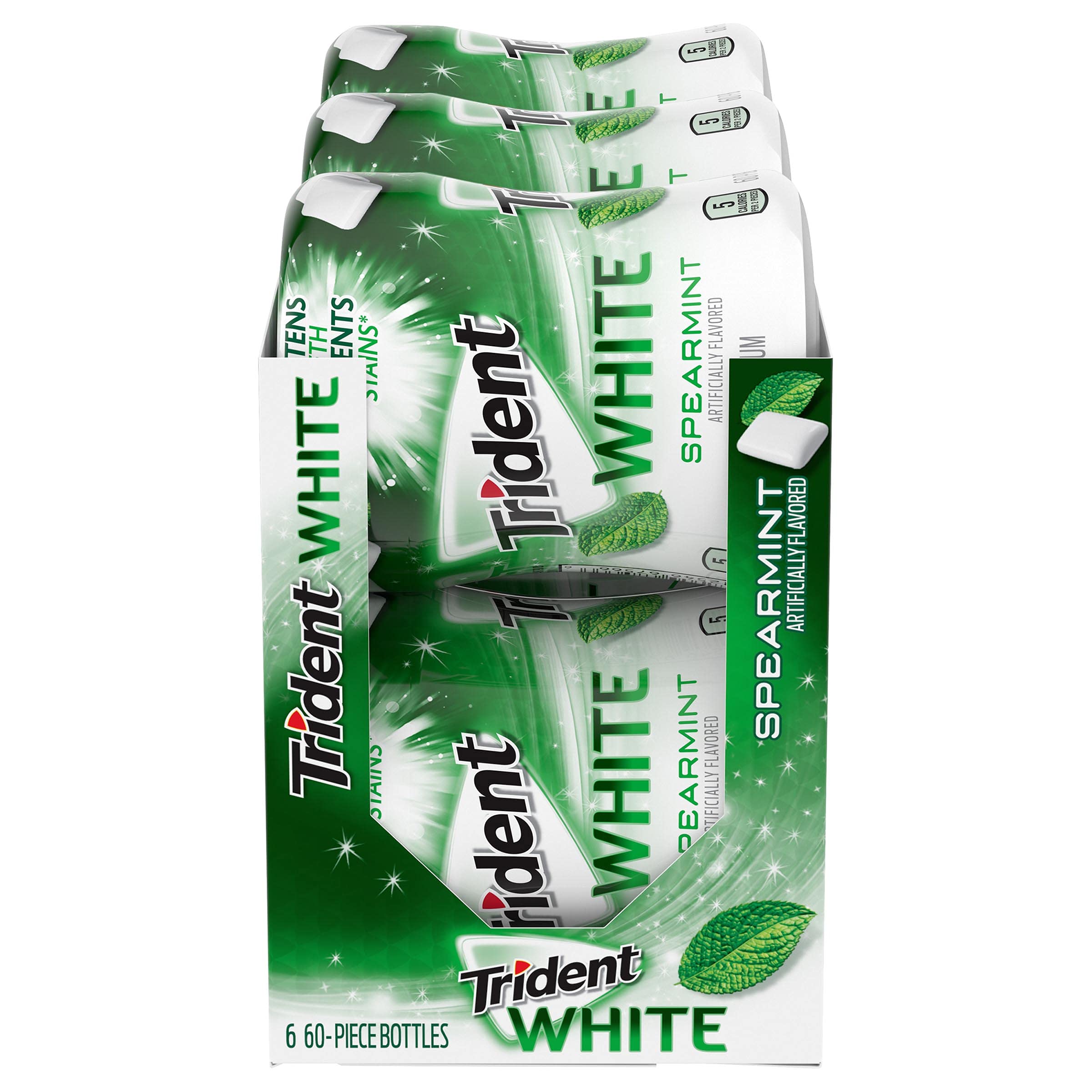 Trident White frontal del paquete mostrando seis botellas y beneficio práctico