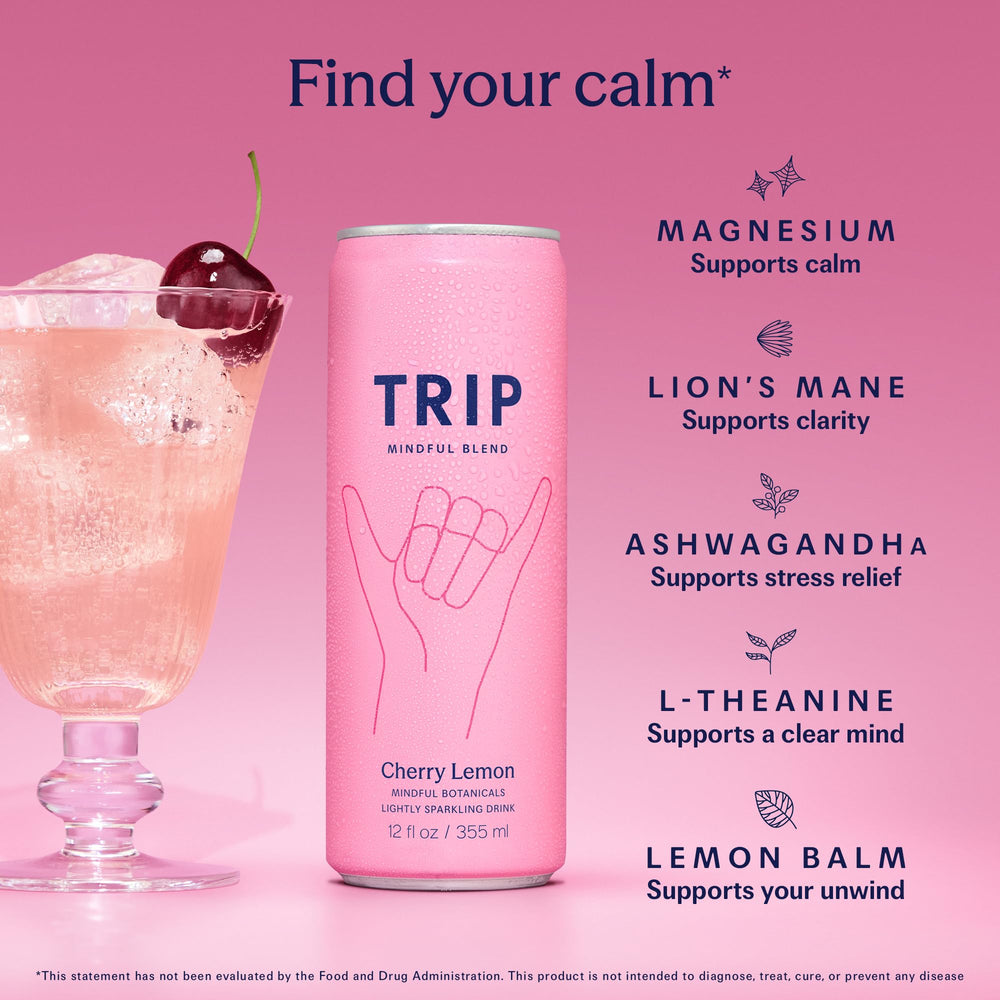 TRIP lata abierta Cherry Lemon con burbujeo visible y atractivo