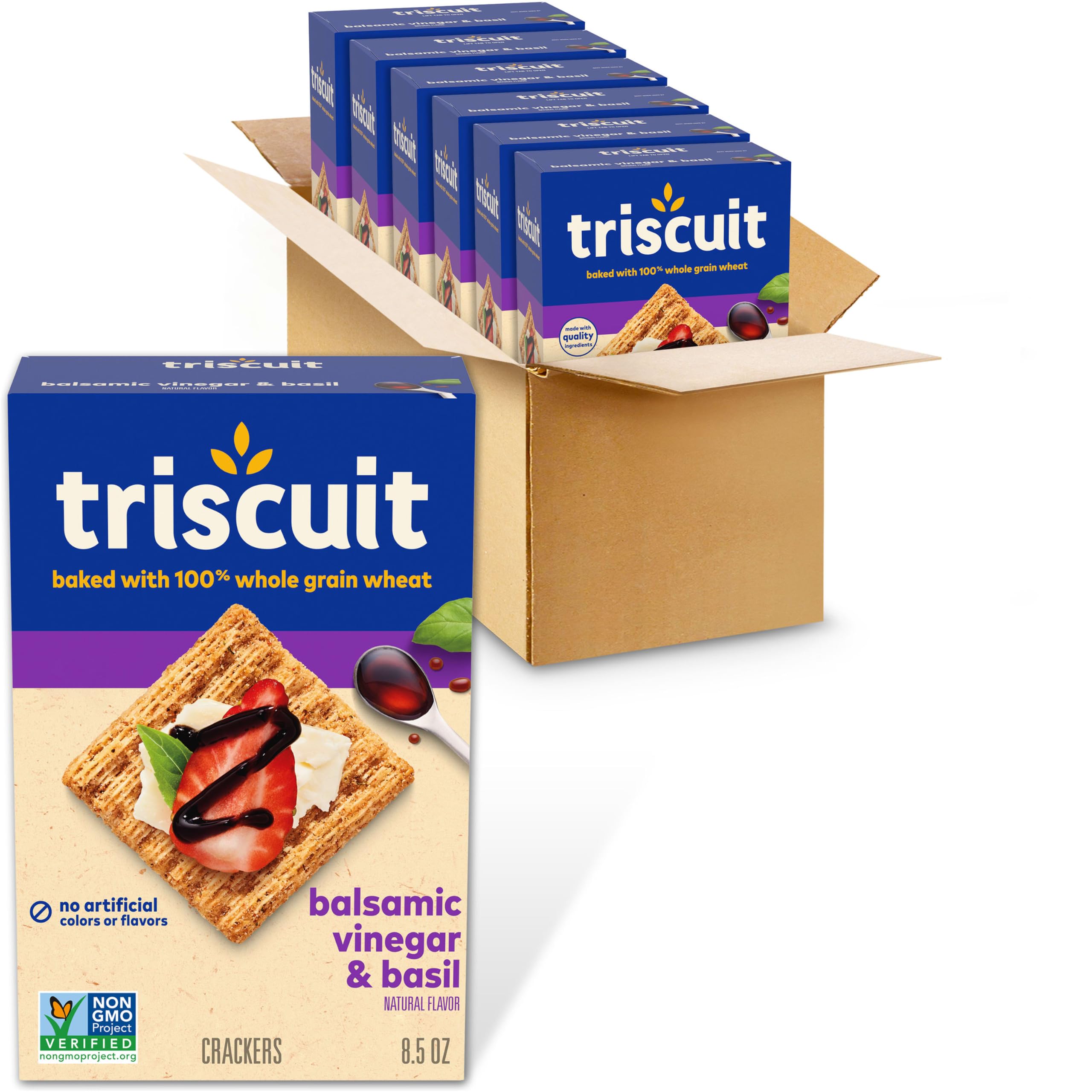 Triscuit frente del empaque mostrando sabor balsámico y albahaca, atractivo de producto