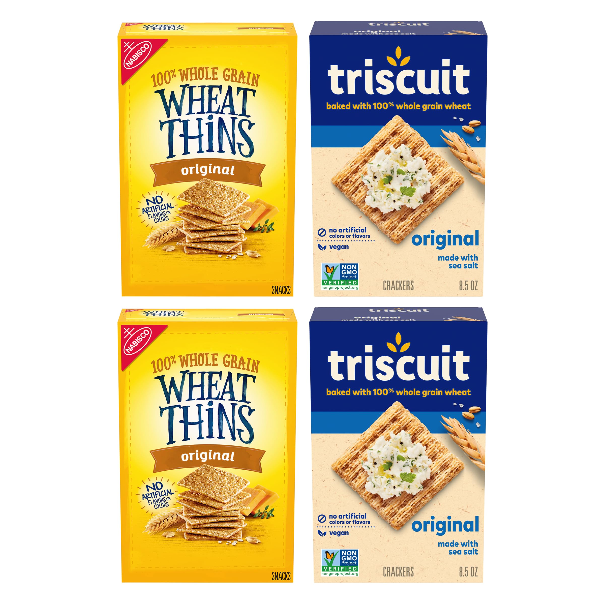 Triscuit y Wheat Thins frente del empaque mostrando variedad y conveniencia