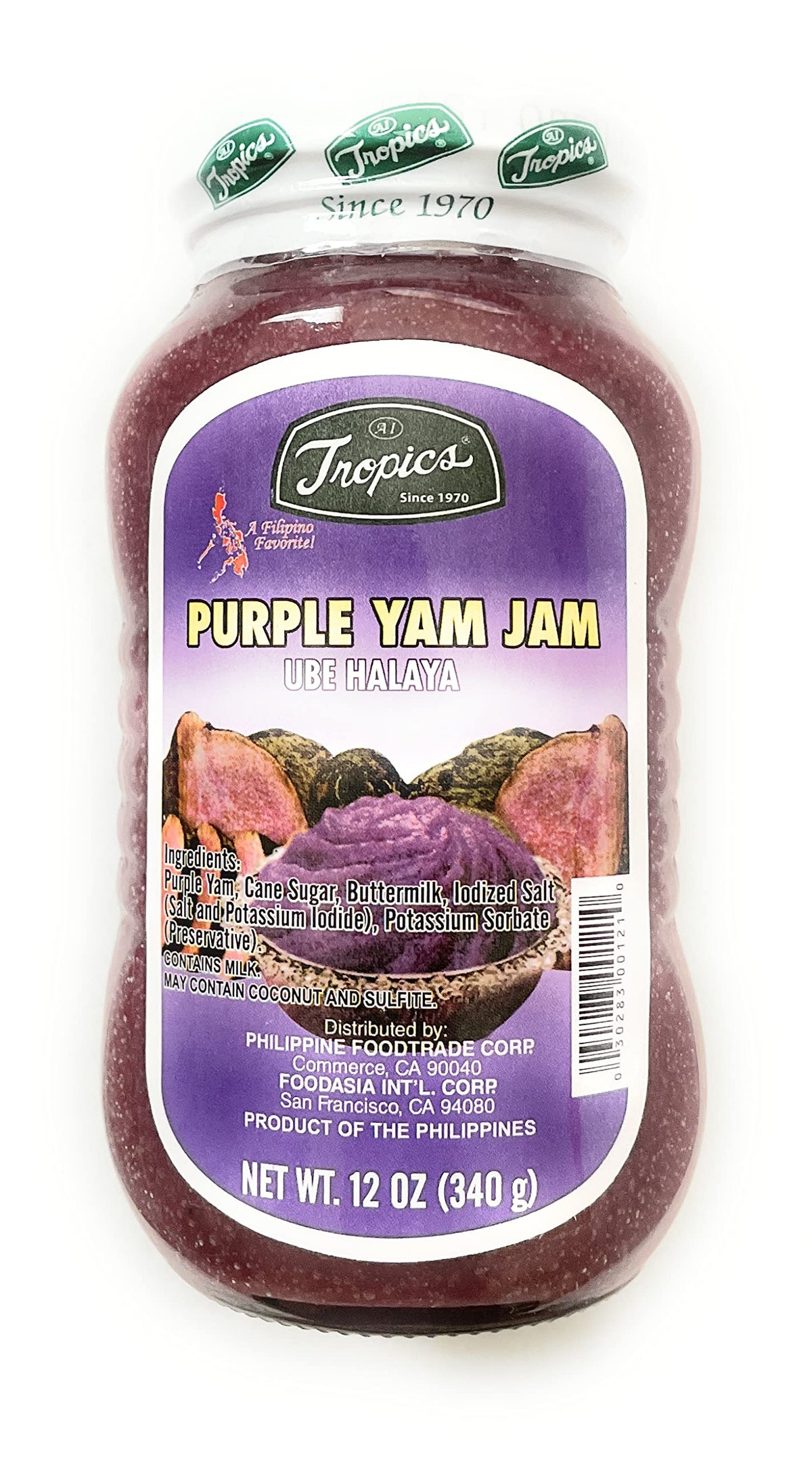 Tropics ube halaya frasco frontal mostrando etiqueta y contenido apetecible