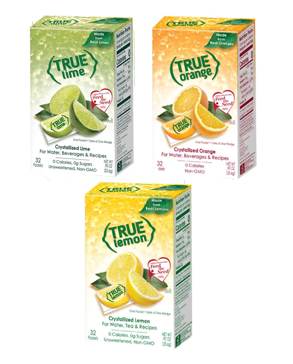 True Citrus frente del paquete mostrando las tres cajas y variedad