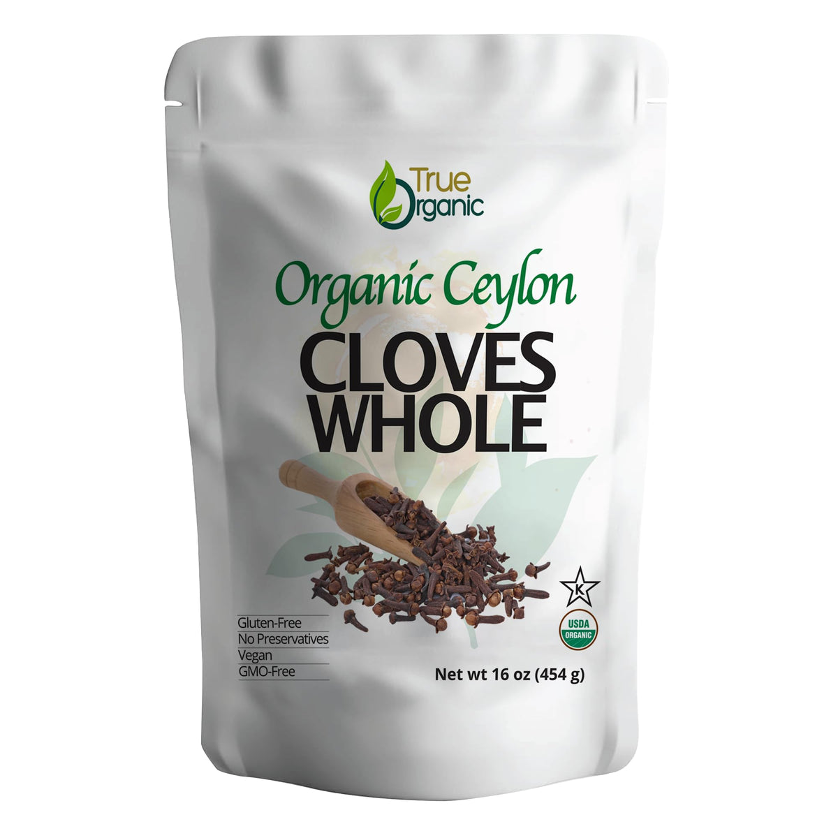 True Organic bolsa frontal de 1 lb mostrando clavos enteros y beneficio de frescura