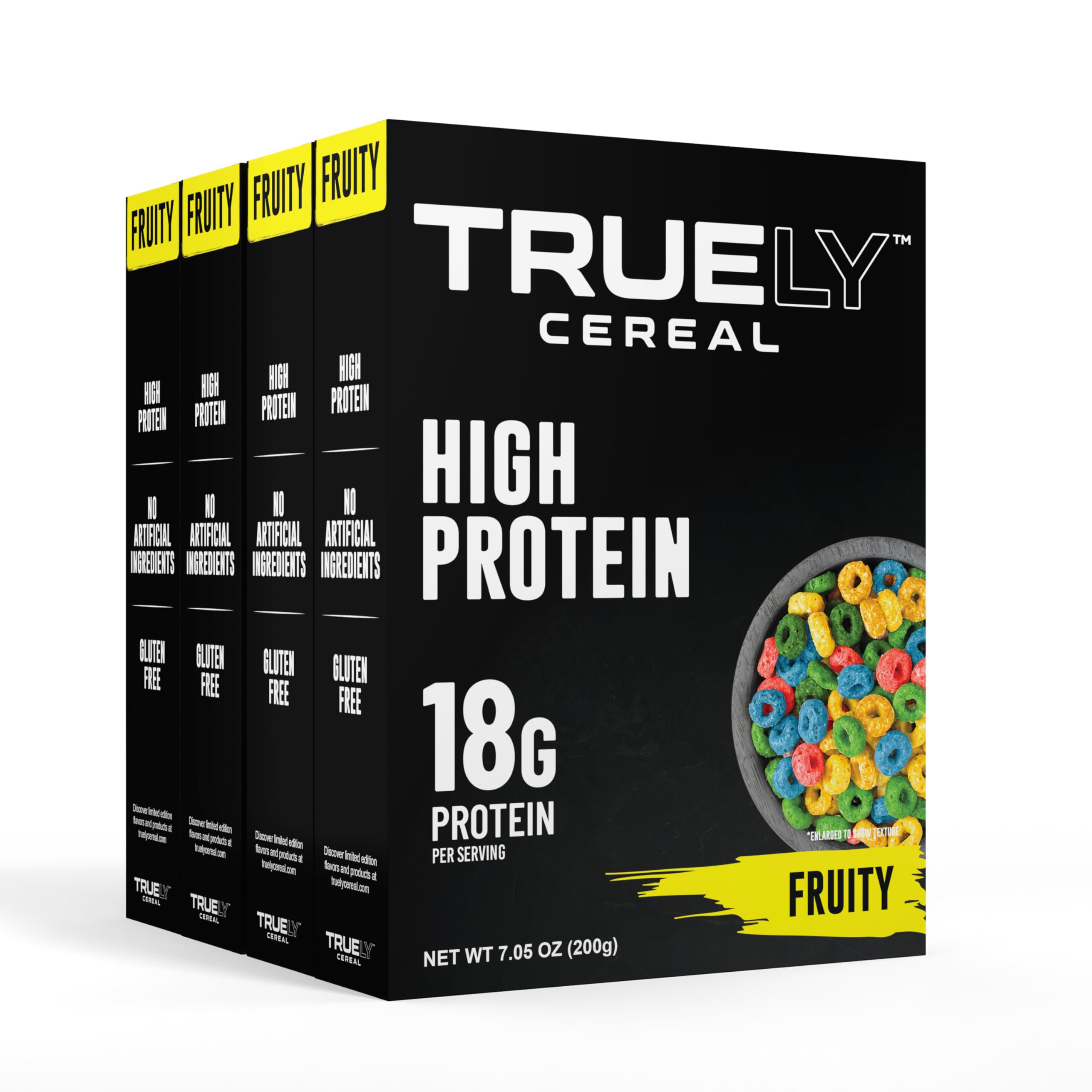Truely Cereal frontal del paquete mostrando información de proteína y bajo azúcar
