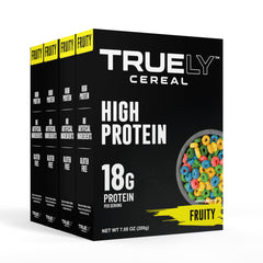 Truely Cereal frontal del paquete mostrando información de proteína y bajo azúcar