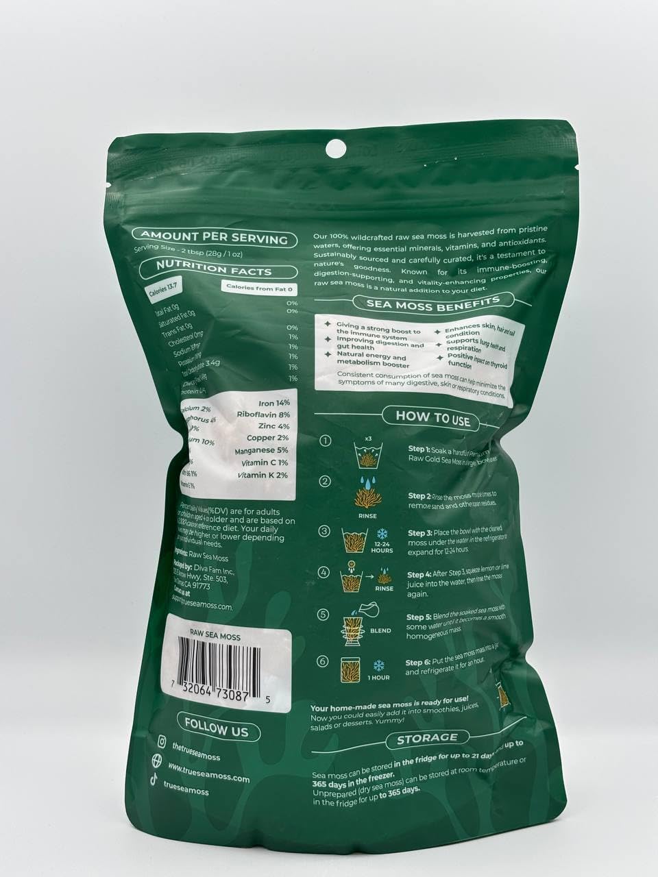 TrueSeaMoss junto a una taza para comparar tamaño de la bolsa de 16 oz, claridad de cantidad
