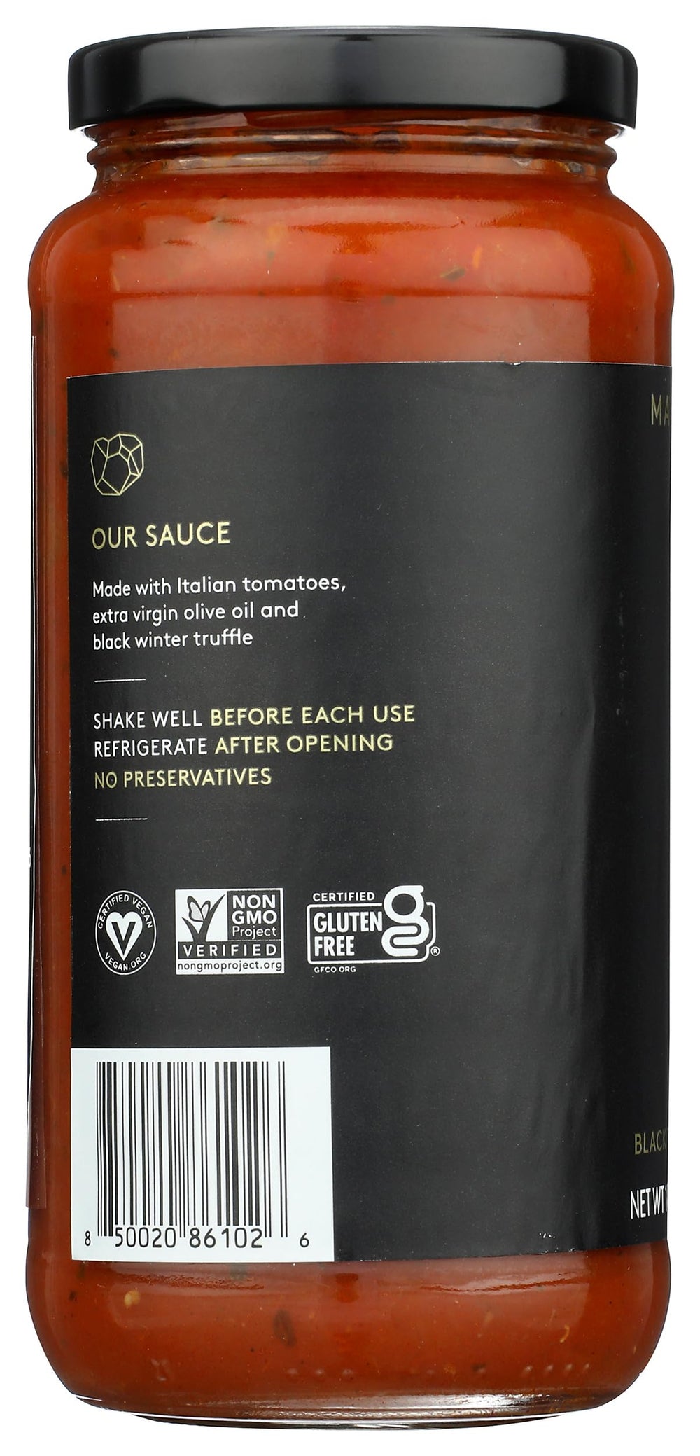 TRUFF etiqueta legible destacando ingredientes y ausencia de aditivos