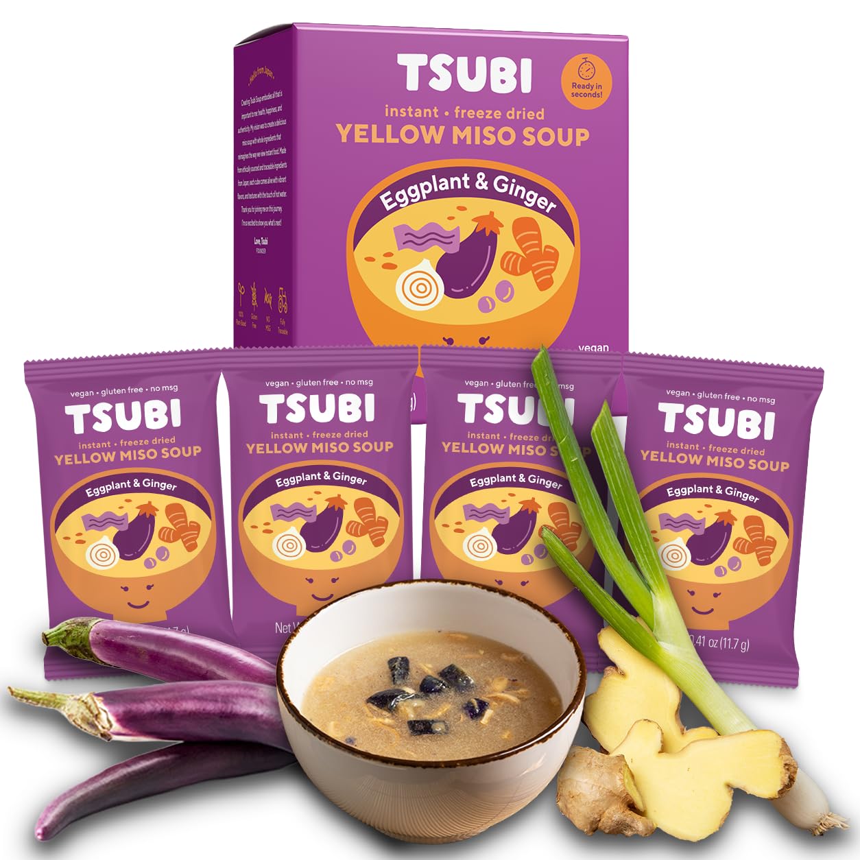 Tsubi Soup vista frontal de la caja mostrando 4 paquetes y diseño japonés auténtico
