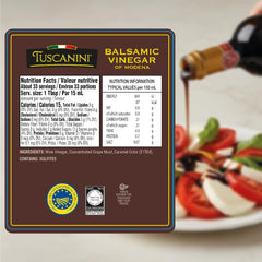 Tuscanini detalle de etiqueta que resalta origen italiano y calidad