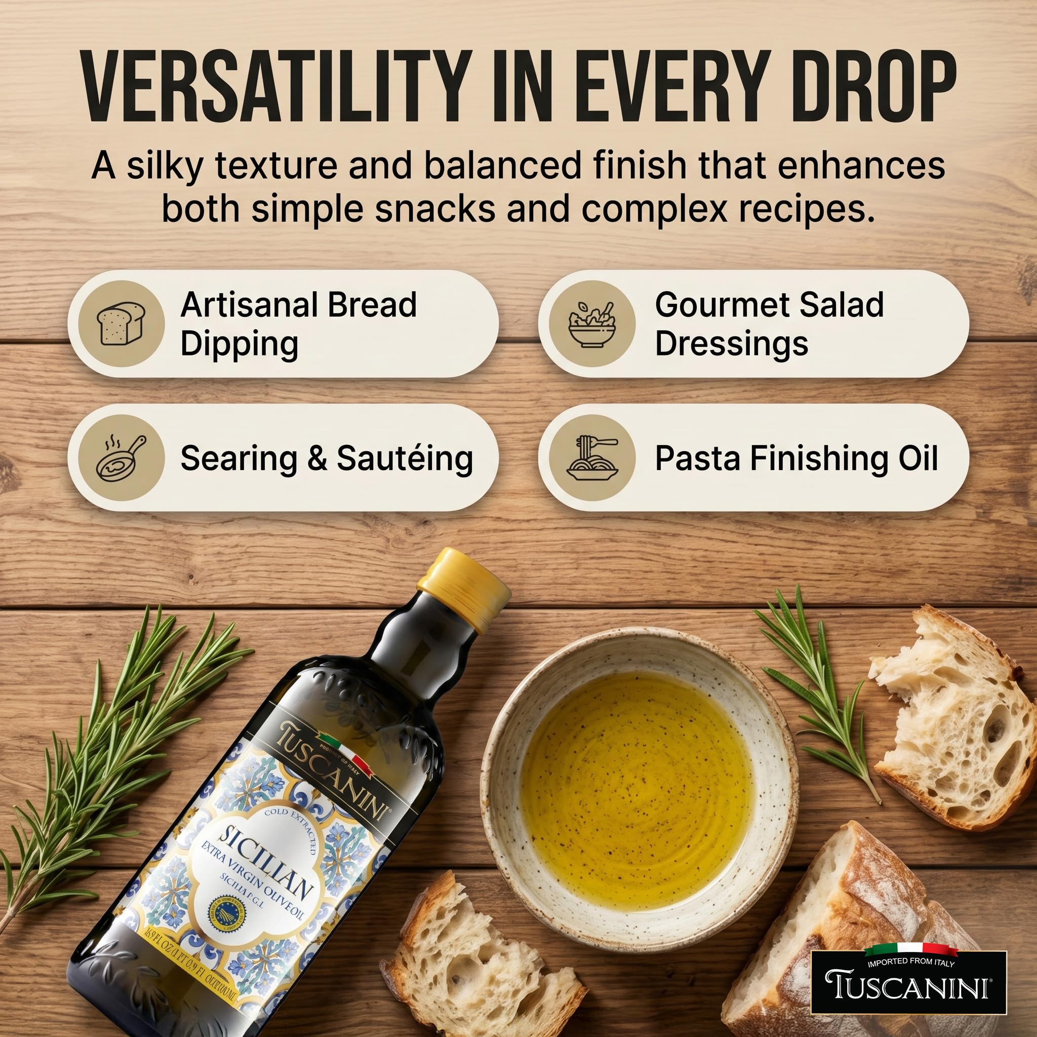Tuscanini rociando aceite sobre ensalada para realzar sabores y frescura