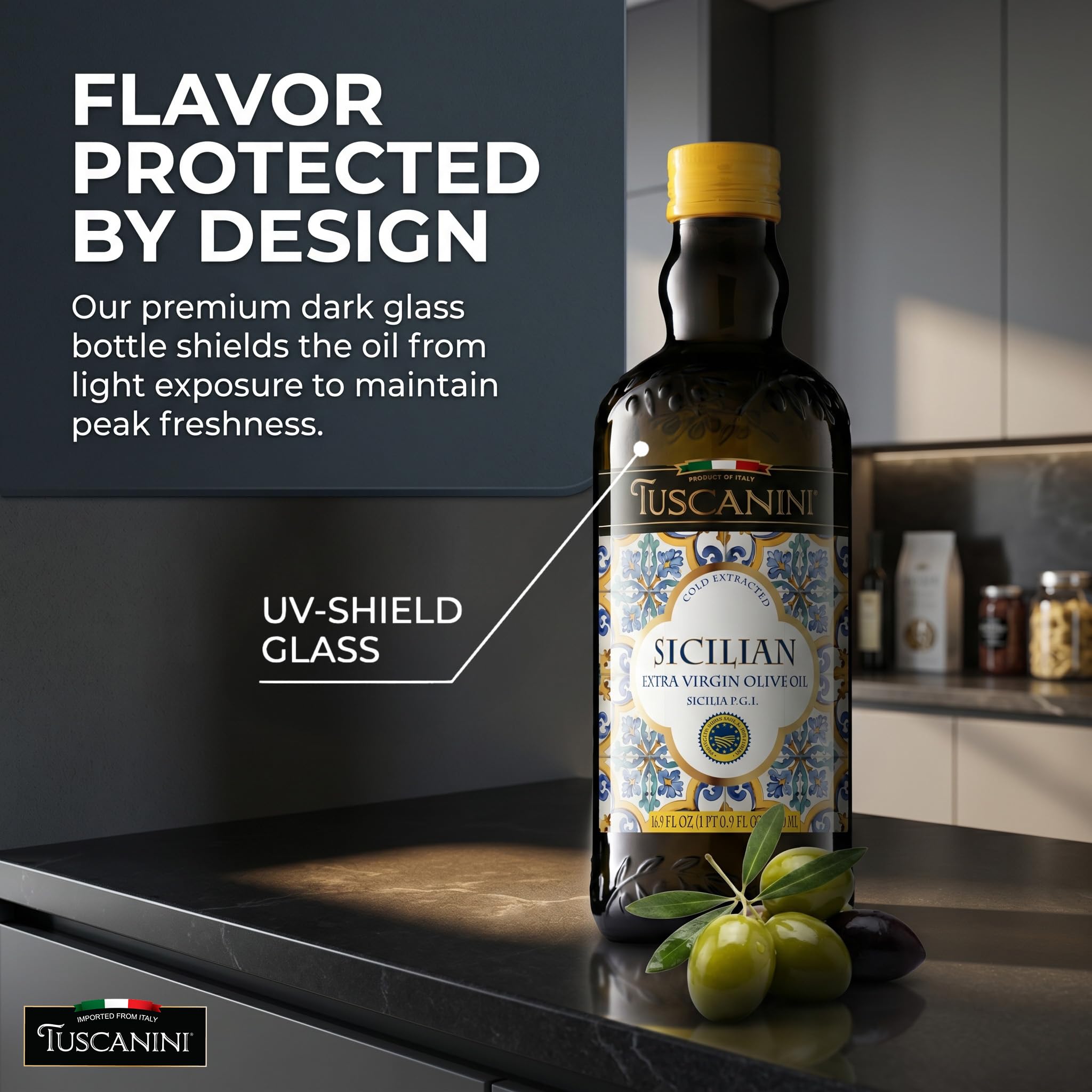 Tuscanini botella en cocina mediterránea evocando uso versátil y presentación elegante