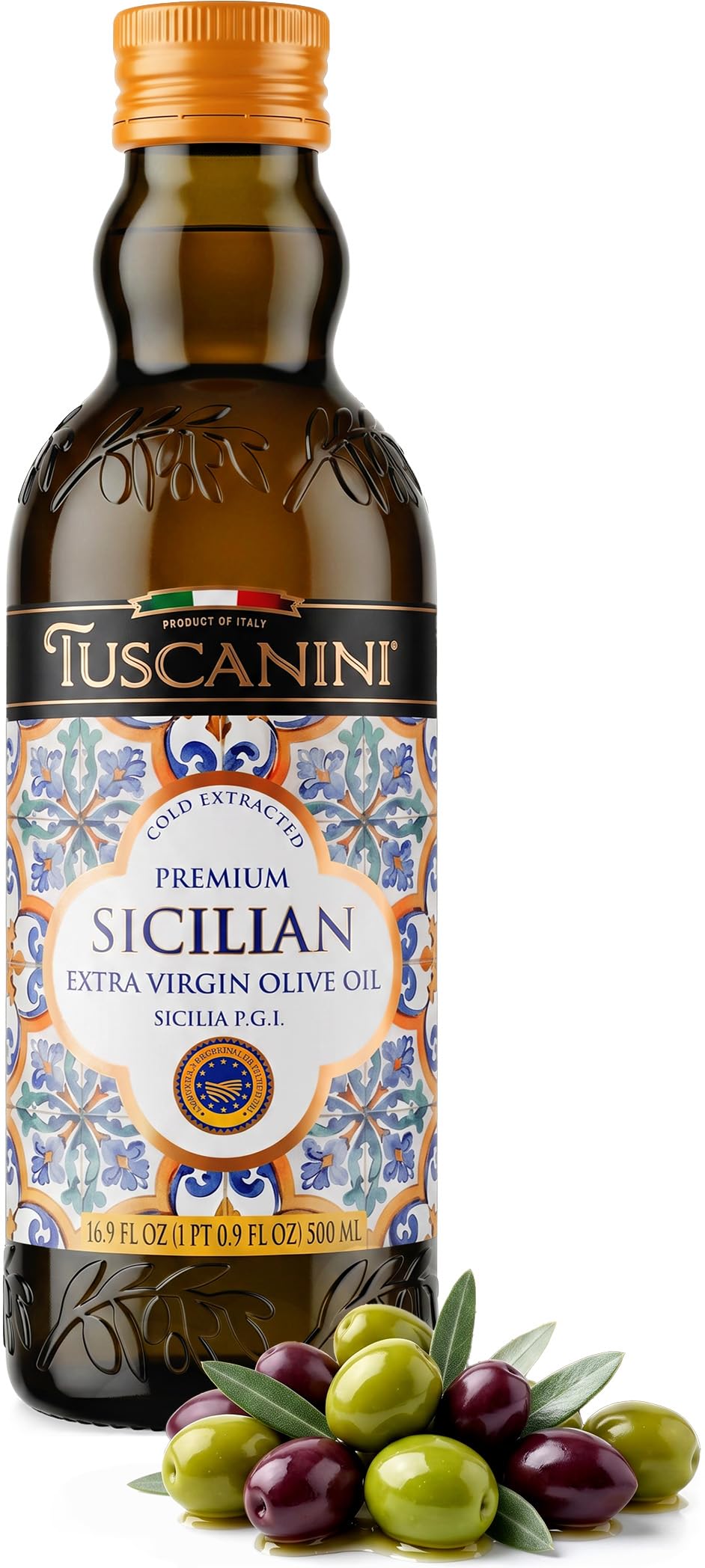 Tuscanini botella frontal 500 ml mostrando origen Sicilia P.G.I. y beneficio de calidad