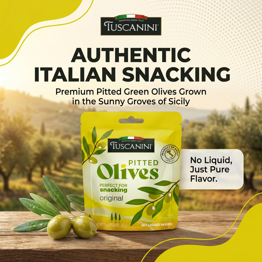 Mano abriendo un sobre Tuscanini, snack sin líquido listo para comer