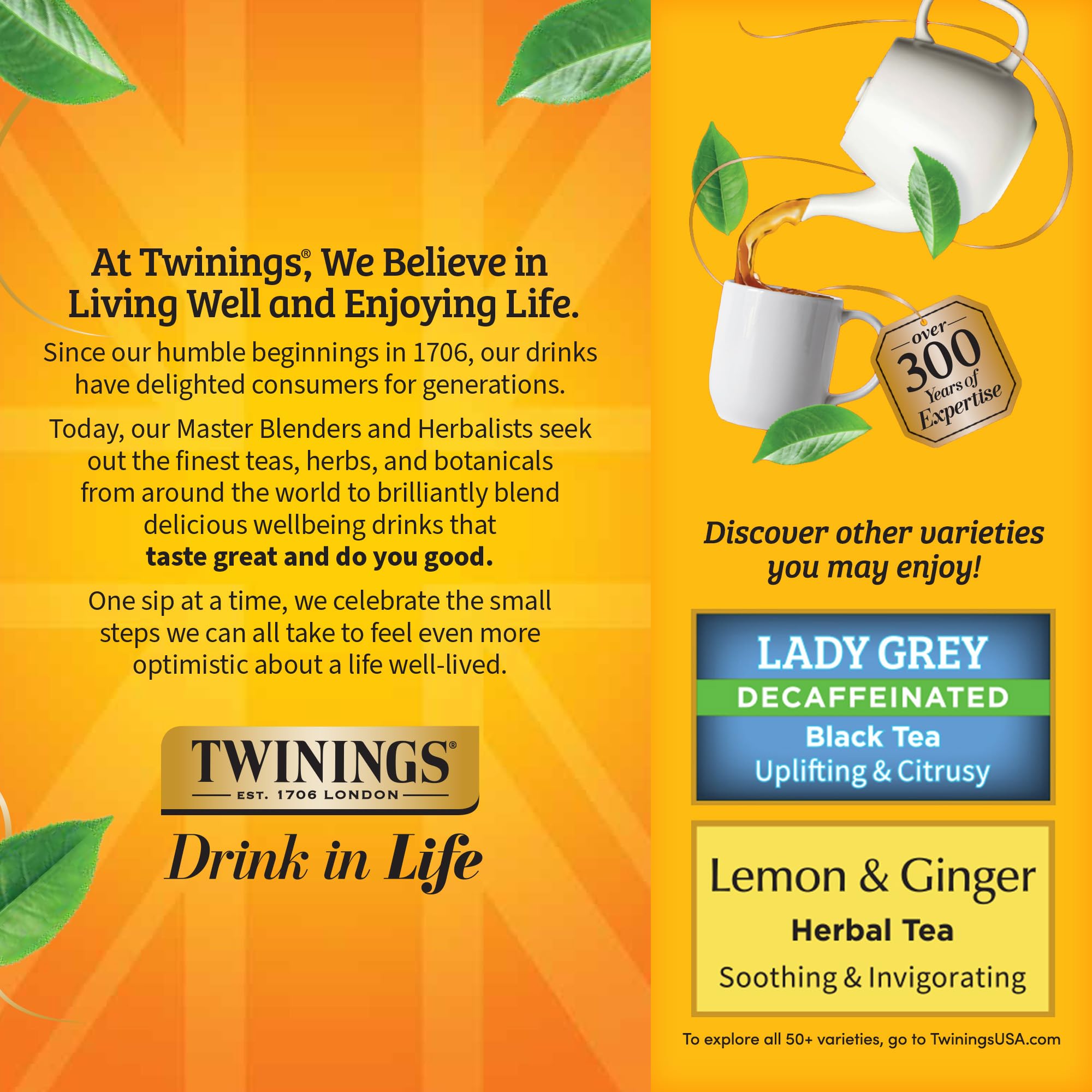 Twinings bolsita abierta con hojas y textura señalando calidad
