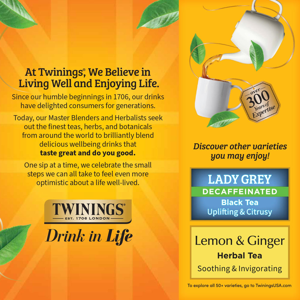 Twinings bolsita abierta con hojas y textura señalando calidad