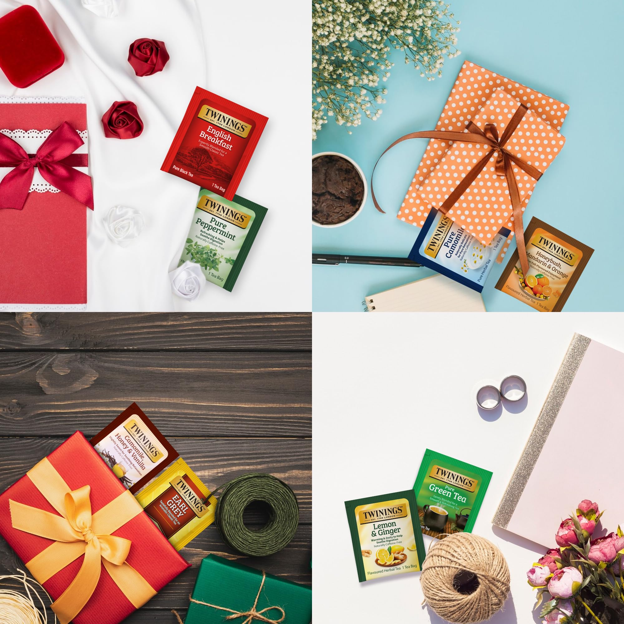 Twinings varias bolsitas individuales sobre mesa para compartir fácil