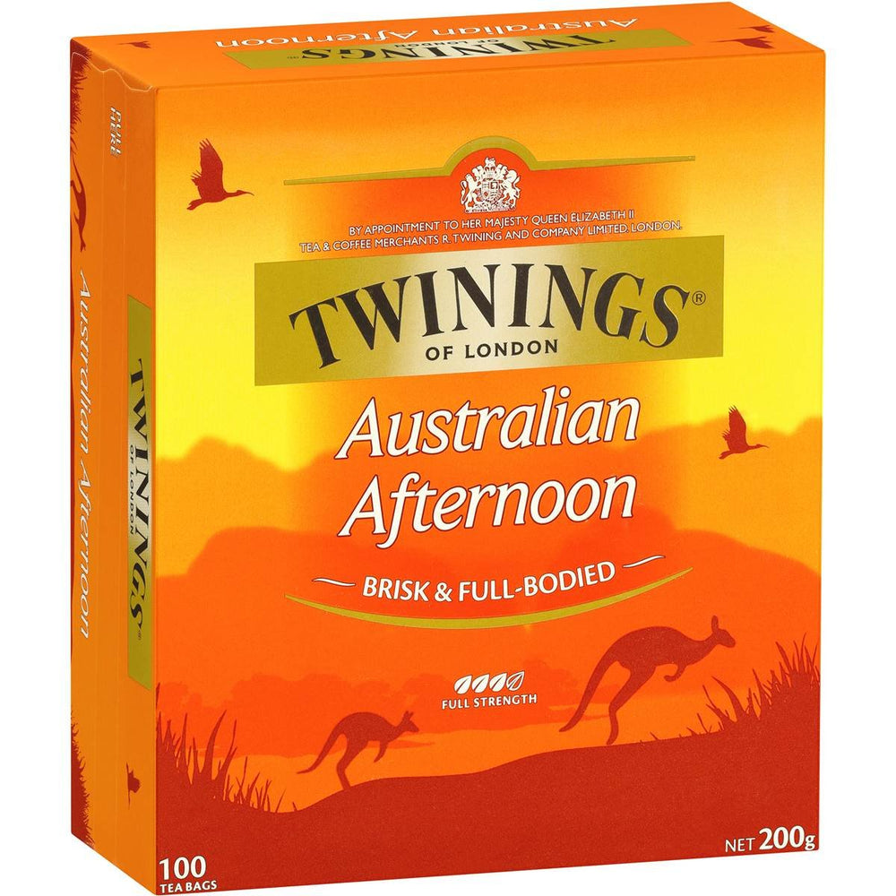 Twinings caja frontal Australian Afternoon Tea mostrando 100 bolsitas y descripción