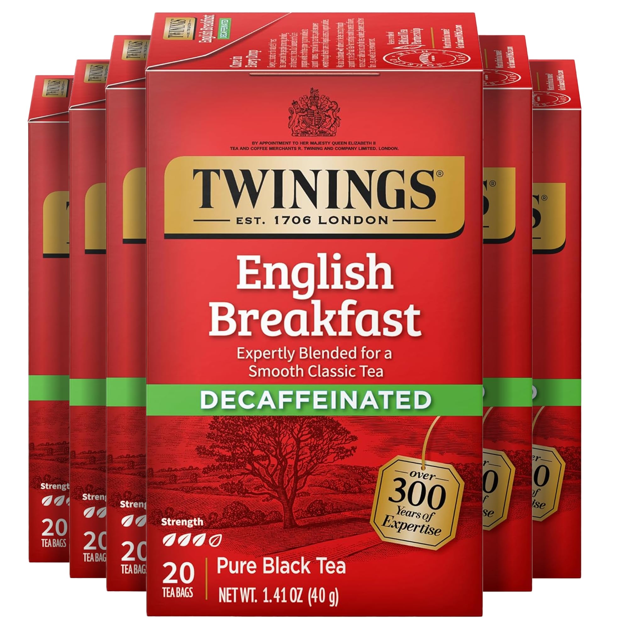 Twinings caja frontal English Breakfast descafeinado mostrando diseño y cantidad