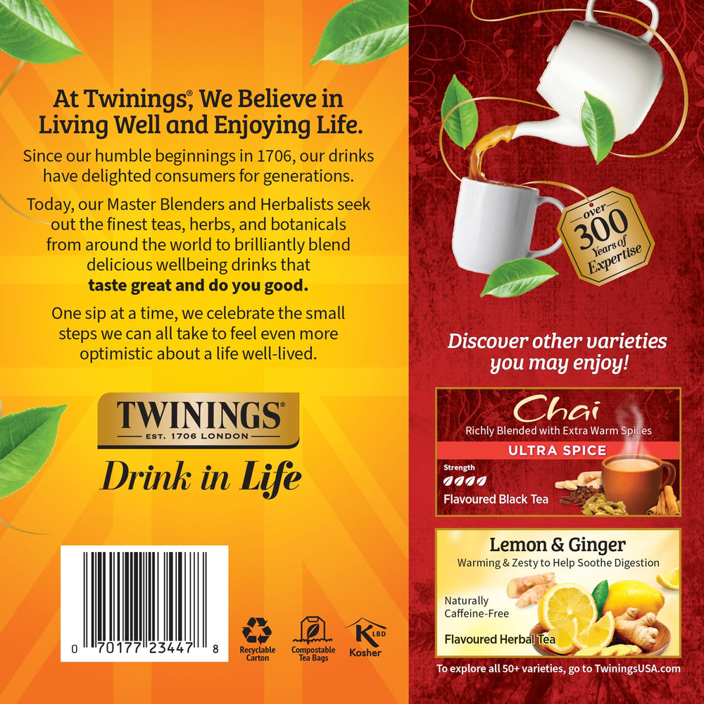 Twinings bolsita junto a regla para escala y tamaño práctico