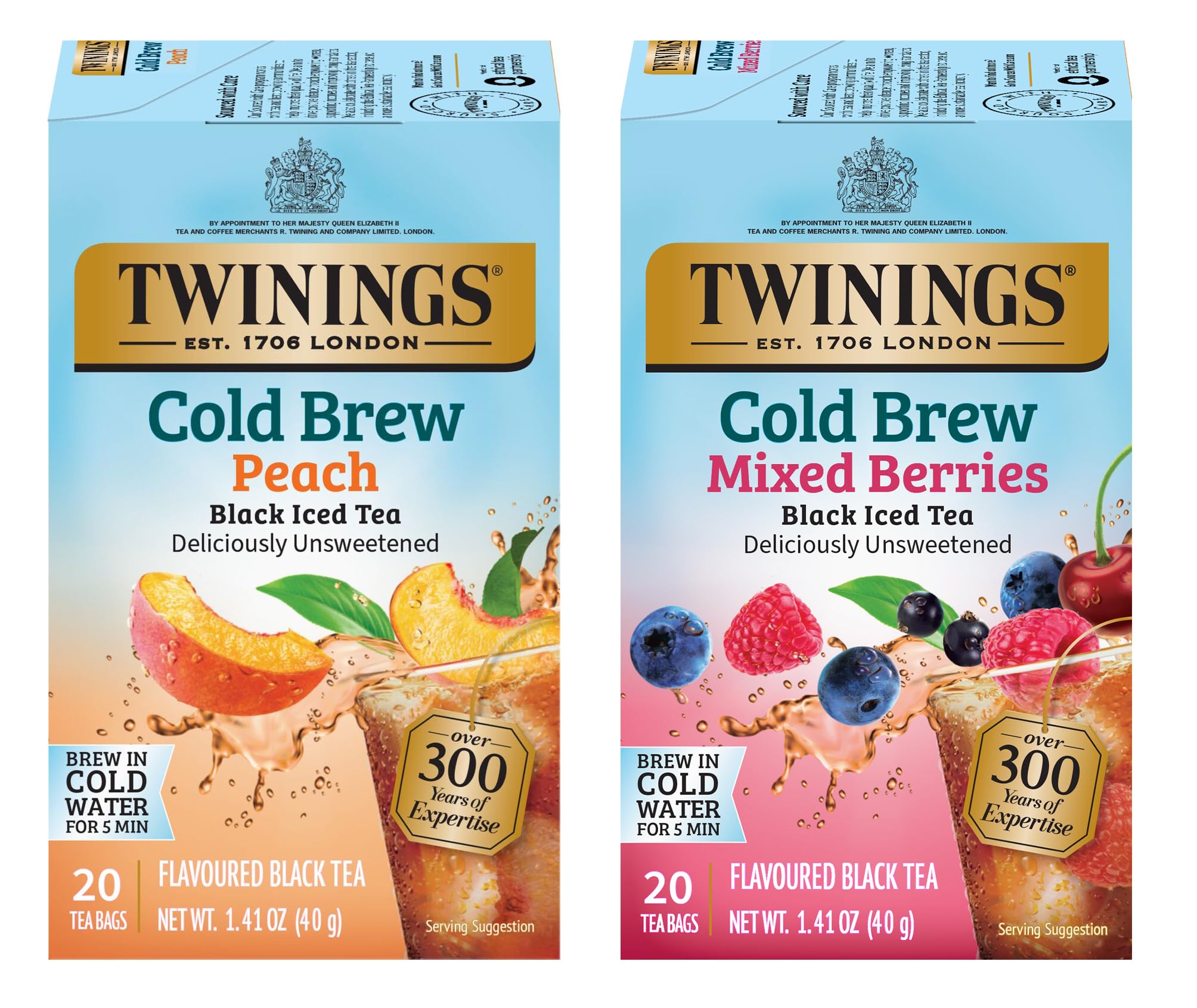 Twinings frontal del pack Duo mostrando cajas Melocotón y Frutos Rojos y conveniencia