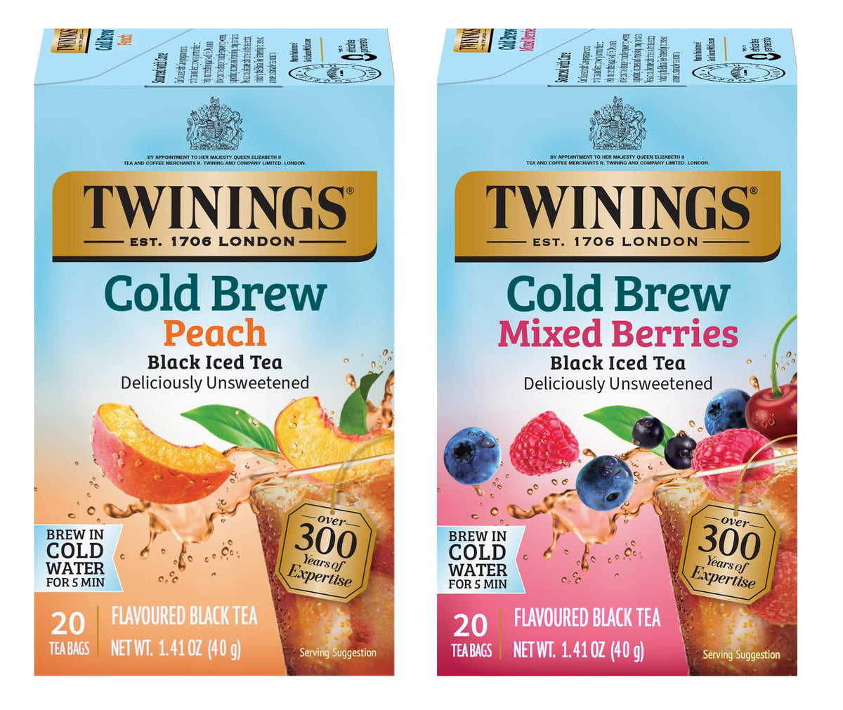 Twinings frontal del pack Duo mostrando cajas Melocotón y Frutos Rojos y conveniencia