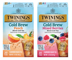 Twinings frontal del pack Duo mostrando cajas Melocotón y Frutos Rojos y conveniencia