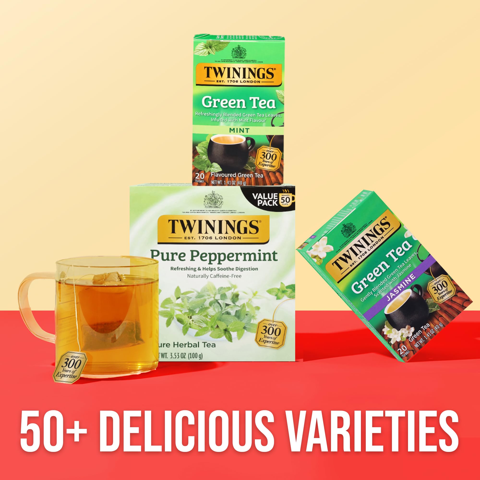 Twinings comparación de tamaño con mano, muestra porciones prácticas