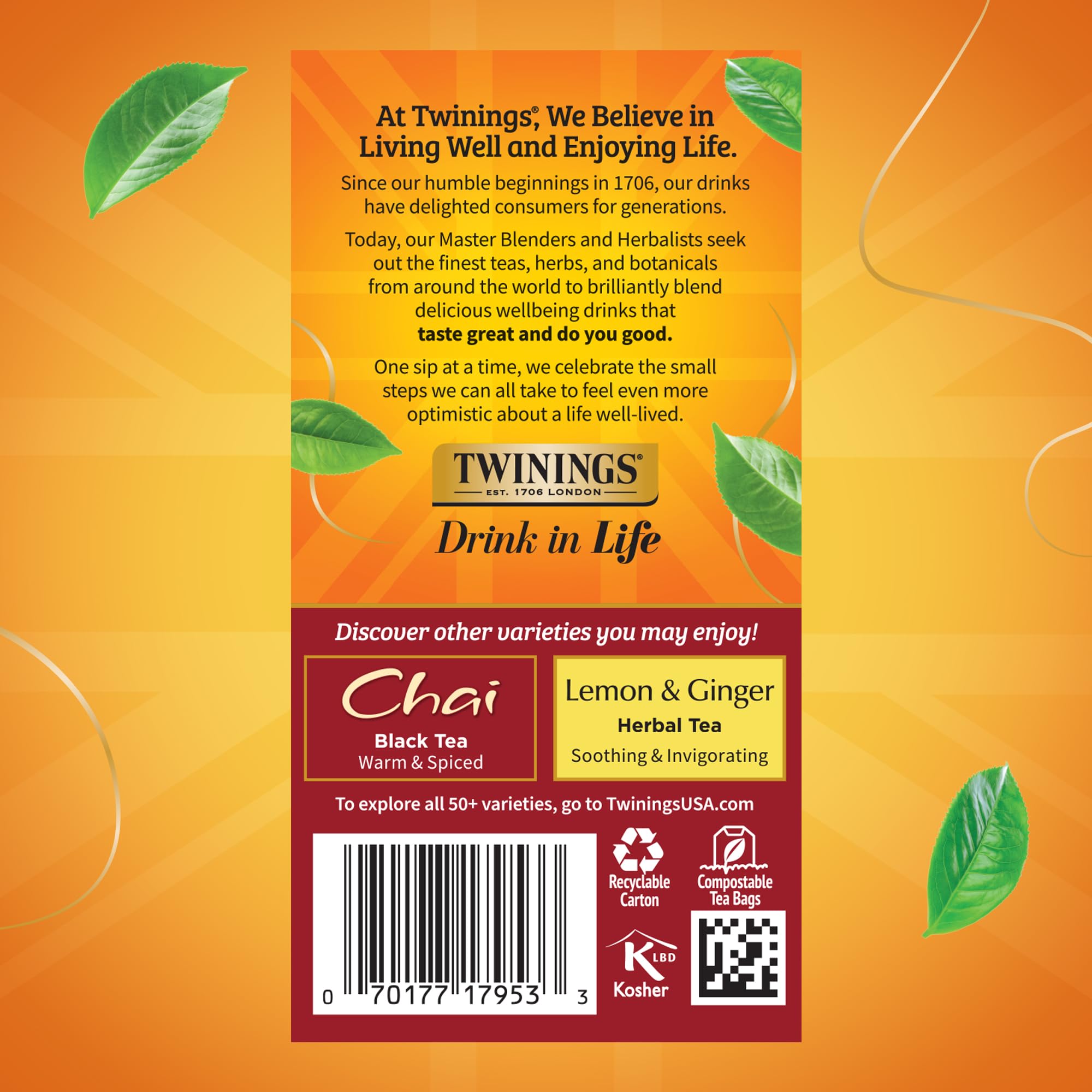 Twinings bolsita junto a una mano, escala y tamaño portátil práctico