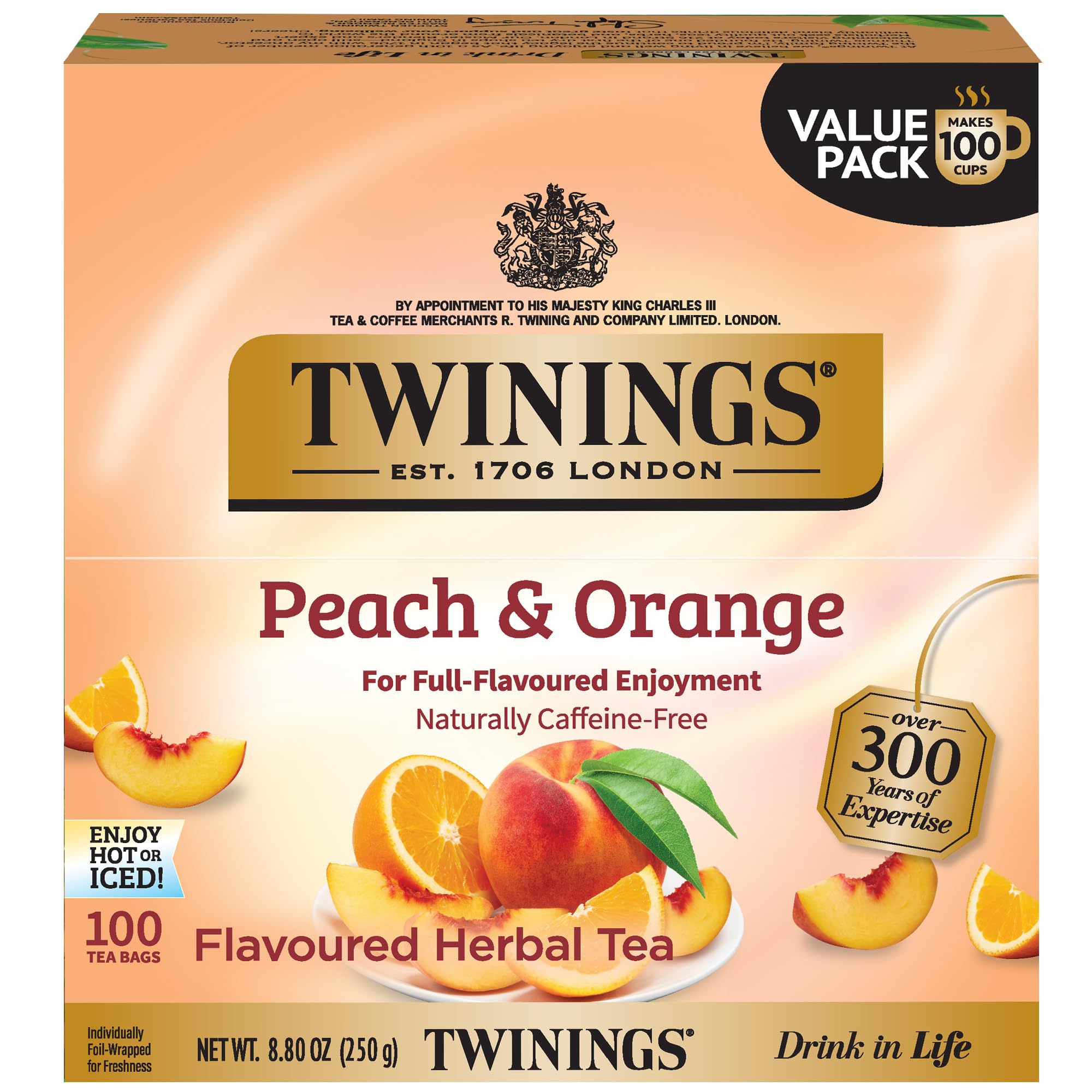 Twinings frontal del paquete mostrando diseño y cantidad, práctico y reconocible