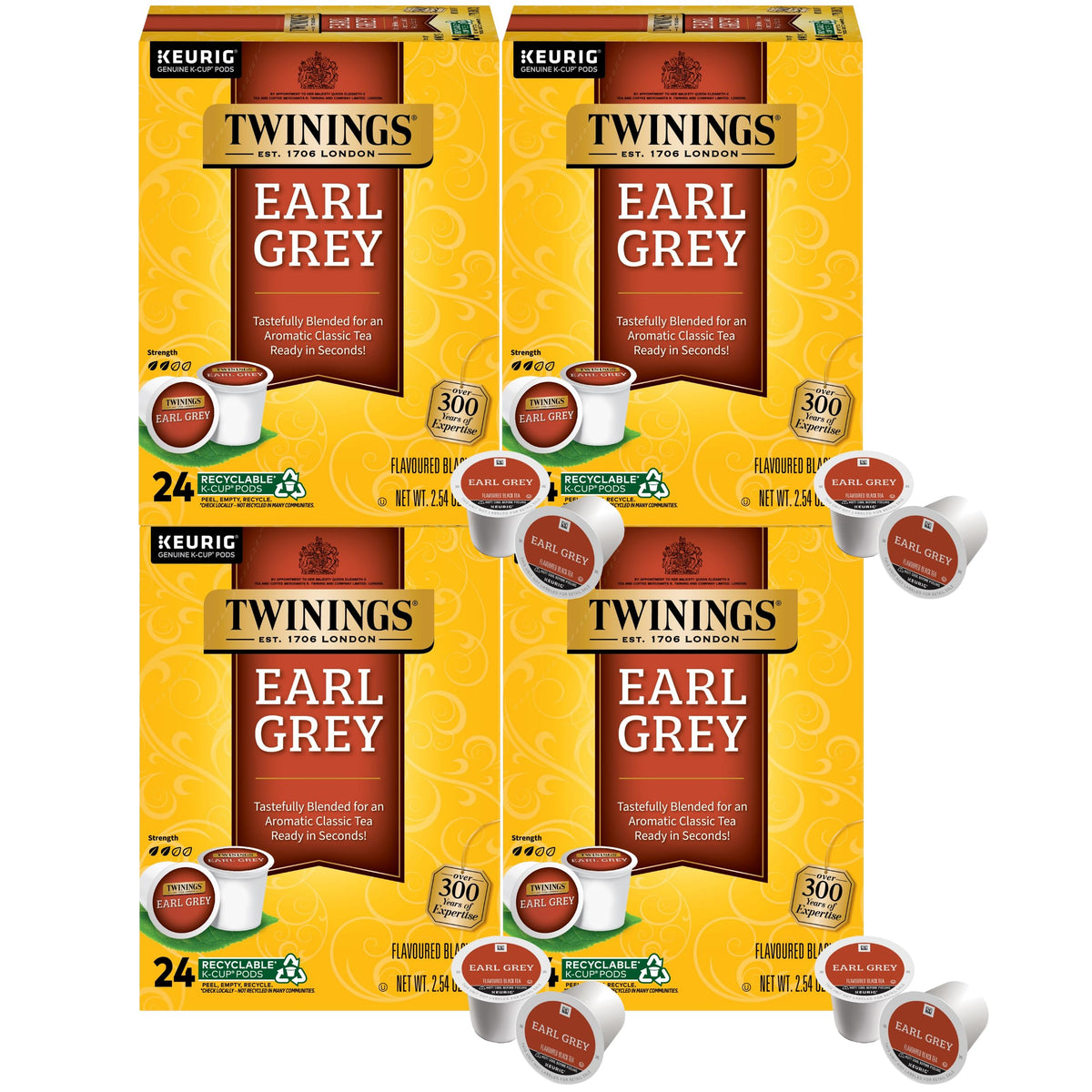 Twinings empaque frontal con 96 K-Cups mostrando el diseño y la marca para conservación