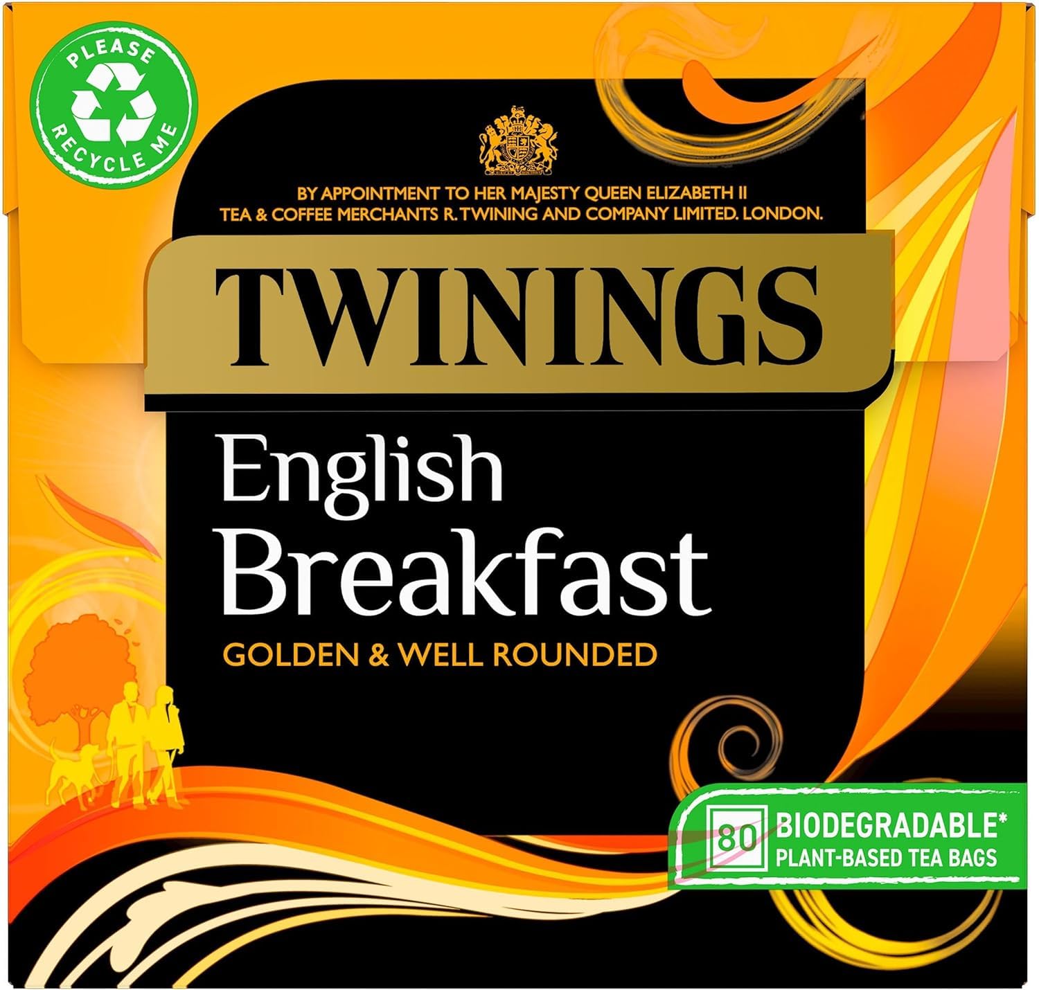 Twinings frente del empaque mostrando 80 bolsitas y aspecto natural, conveniencia diaria