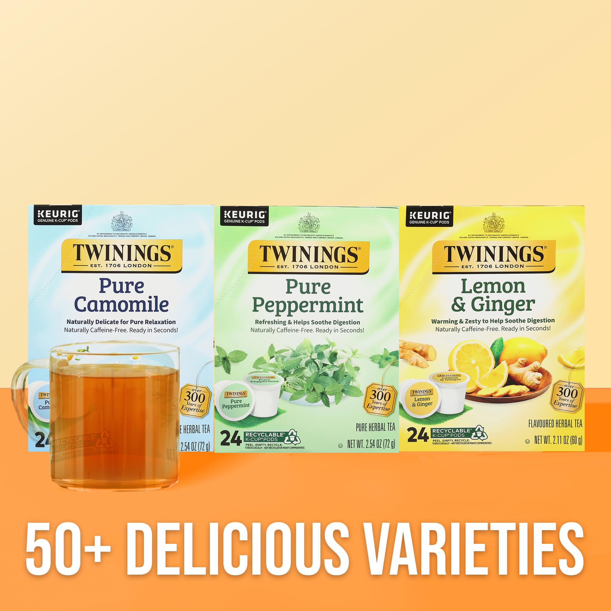 Twinings comparación de tamaño de cápsula junto a una mano para escala