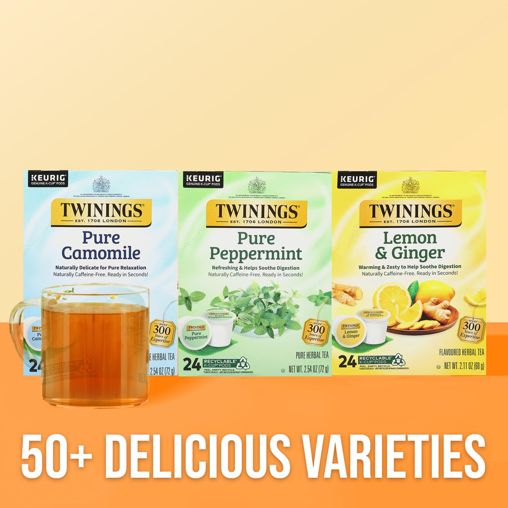 Twinings comparación de tamaño de cápsula junto a una mano para escala