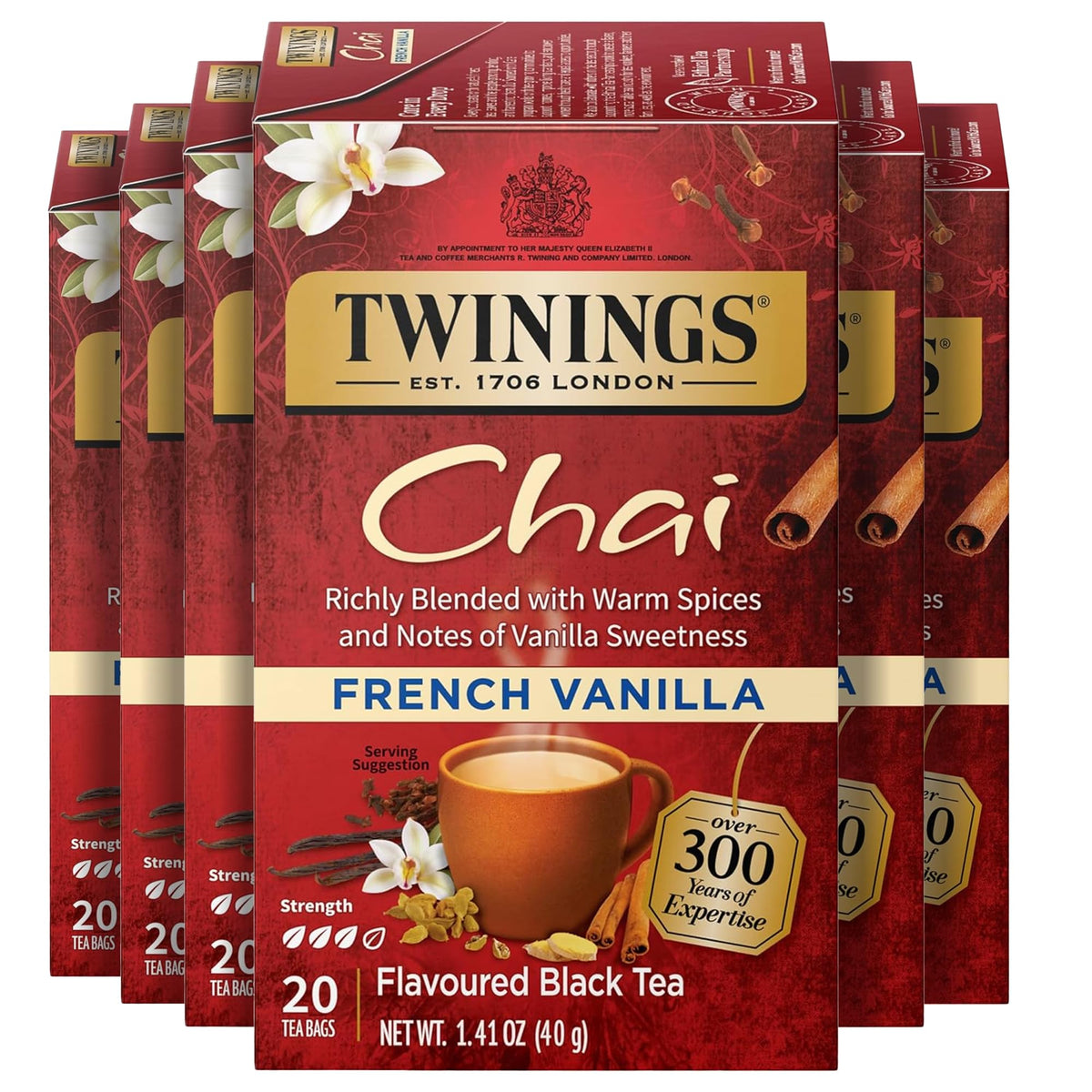 Twinings paquete frontal mostrando 120 bolsitas y sabor vainilla chai, conveniencia