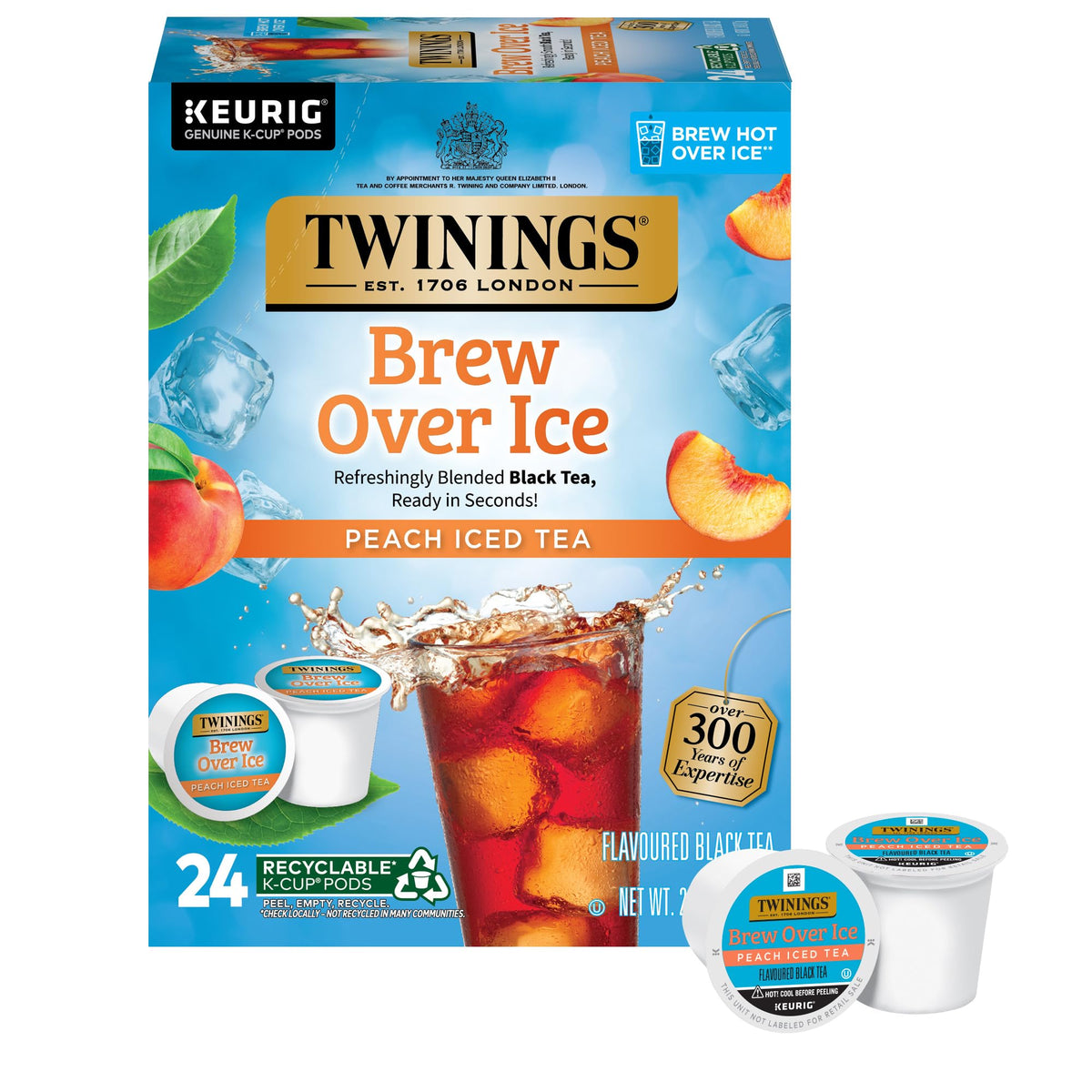 Twinings caja de K-Cups durazno mostrando paquete y cantidad útil