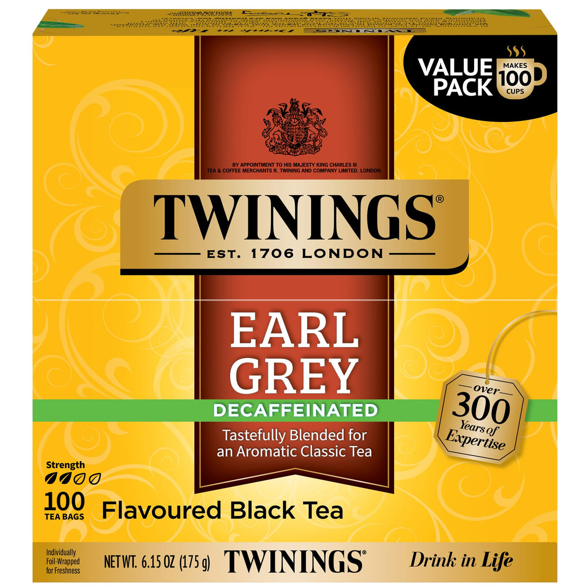 Twinings frente del paquete mostrando 100 bolsitas y conveniencia