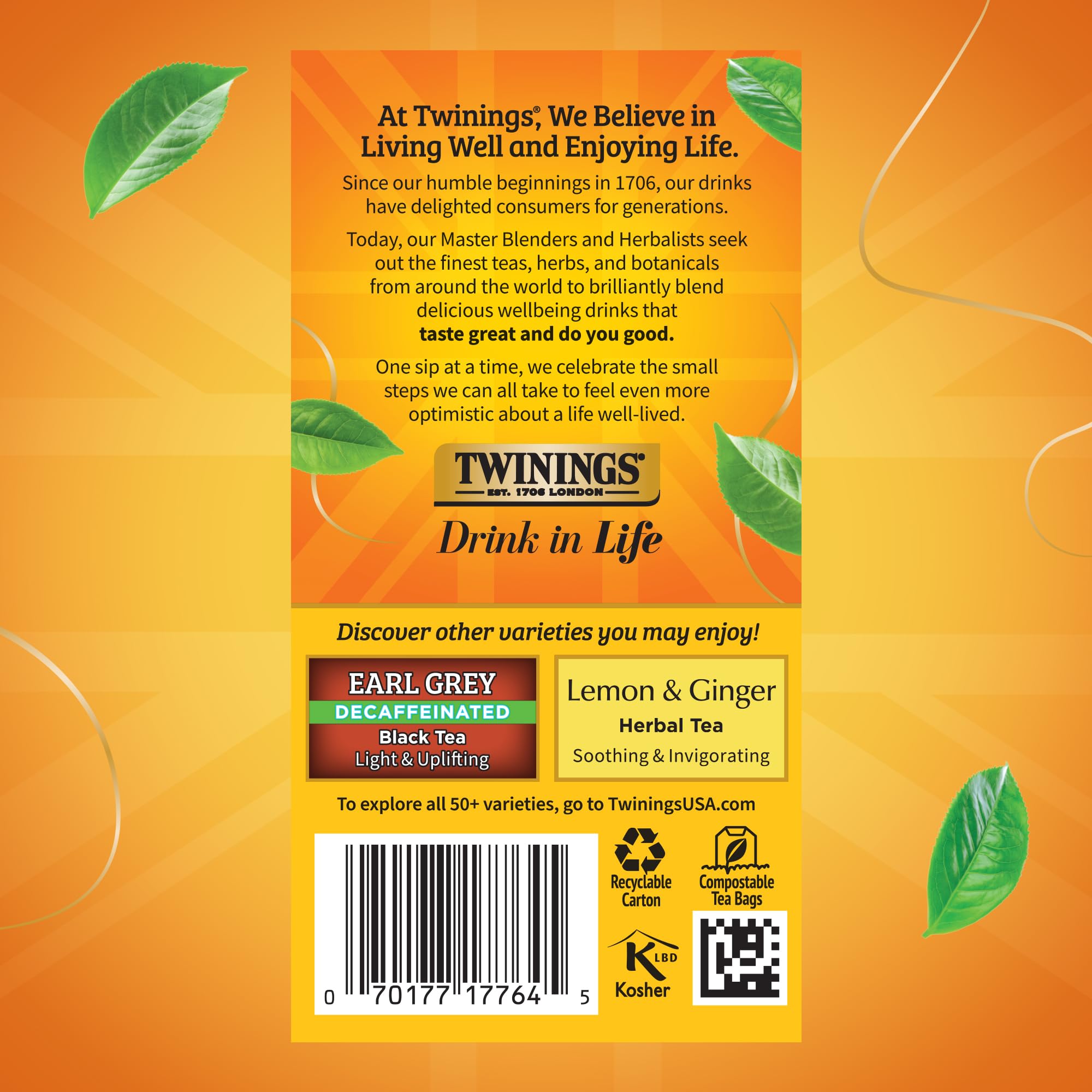 Twinings comparación de tamaño mostrando las seis cajas y 120 bolsitas