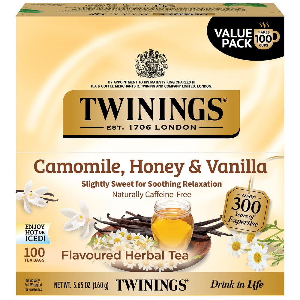 Twinings empaque frontal mostrando 100 bolsitas y beneficio conveniencia