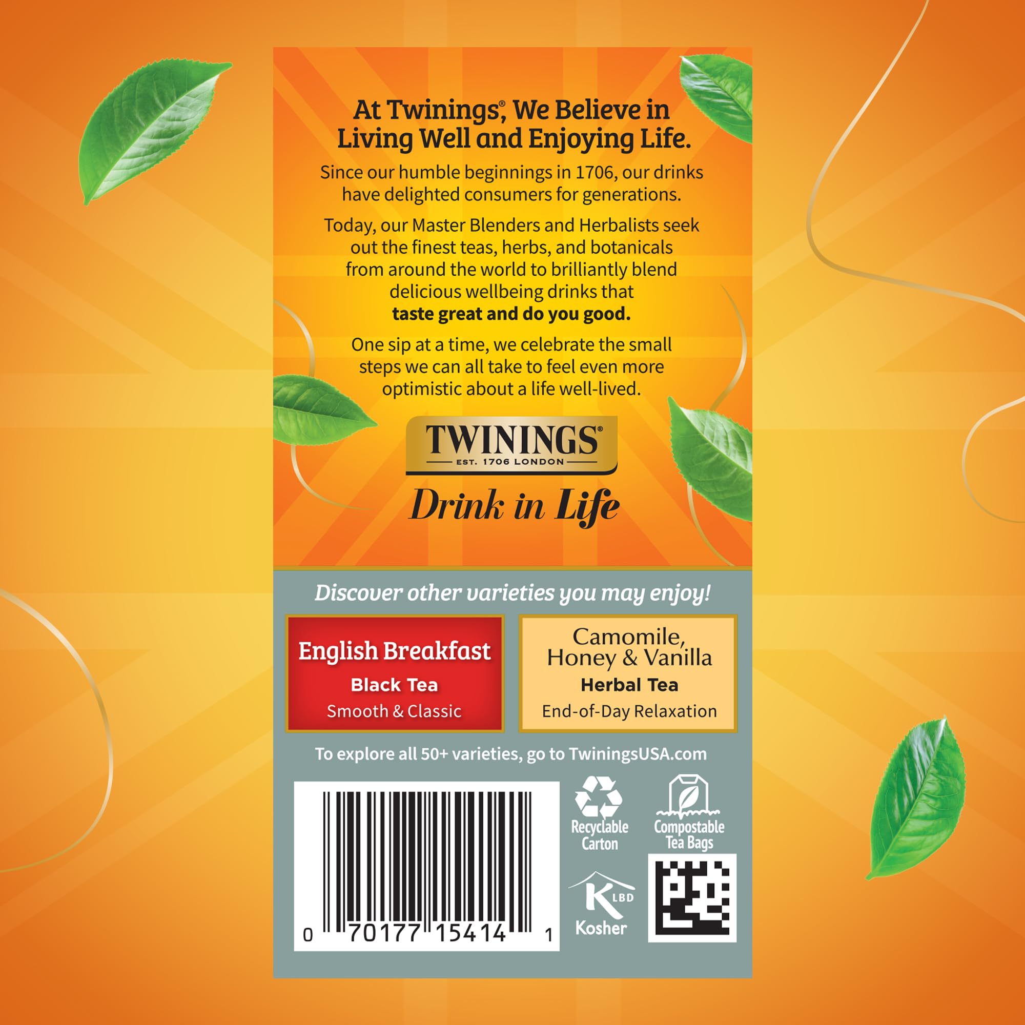 Twinings caja junto a una taza para comparar tamaño y cantidad práctica