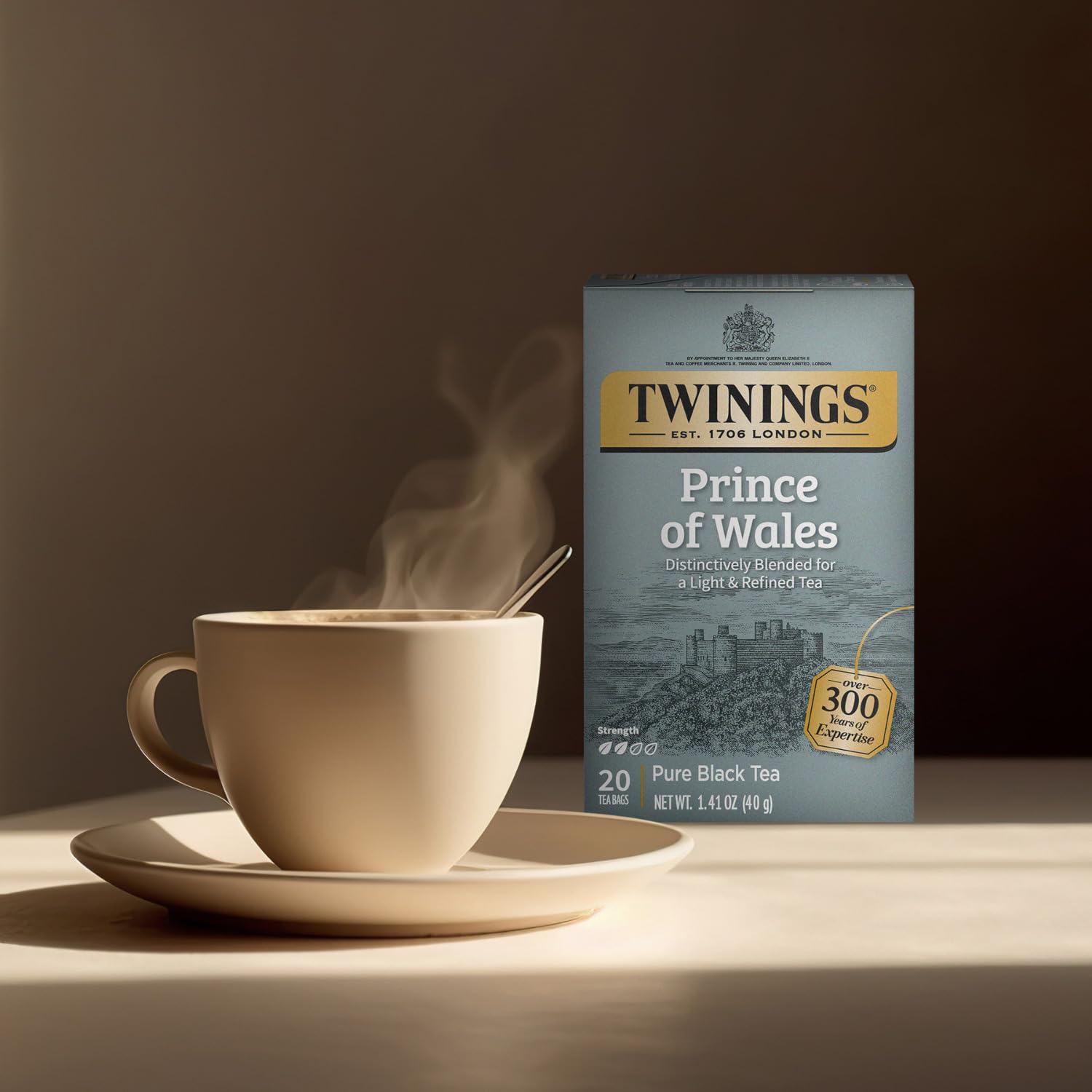 Twinings Prince of Wales comparación de escala con cajas y cantidad incluida